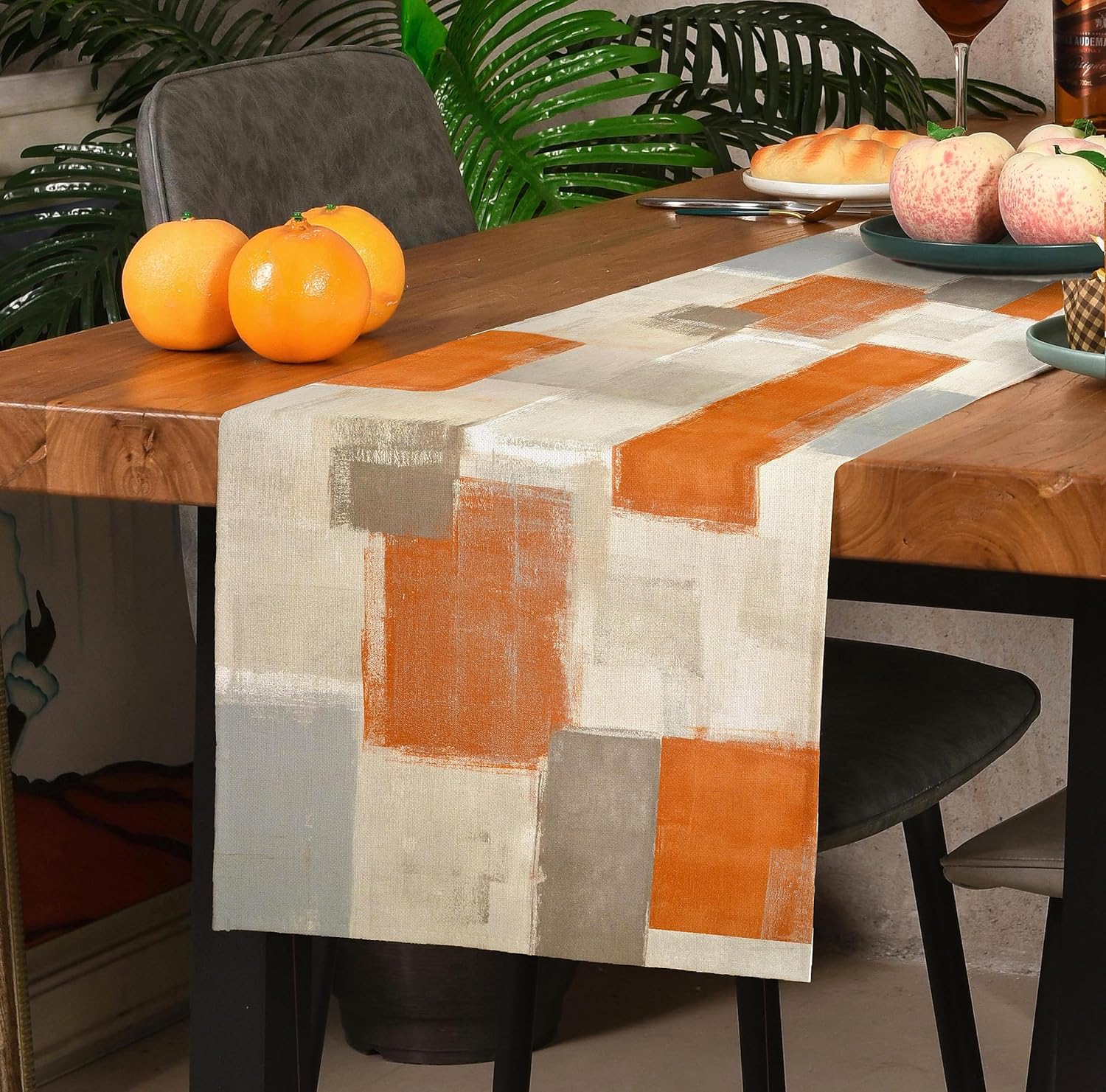 Winotic Camino de mesa de acuarela gris naranja de 72 pulgadas de largo, arte abstracto moderno para decoración de temporada, fiesta, cocina,