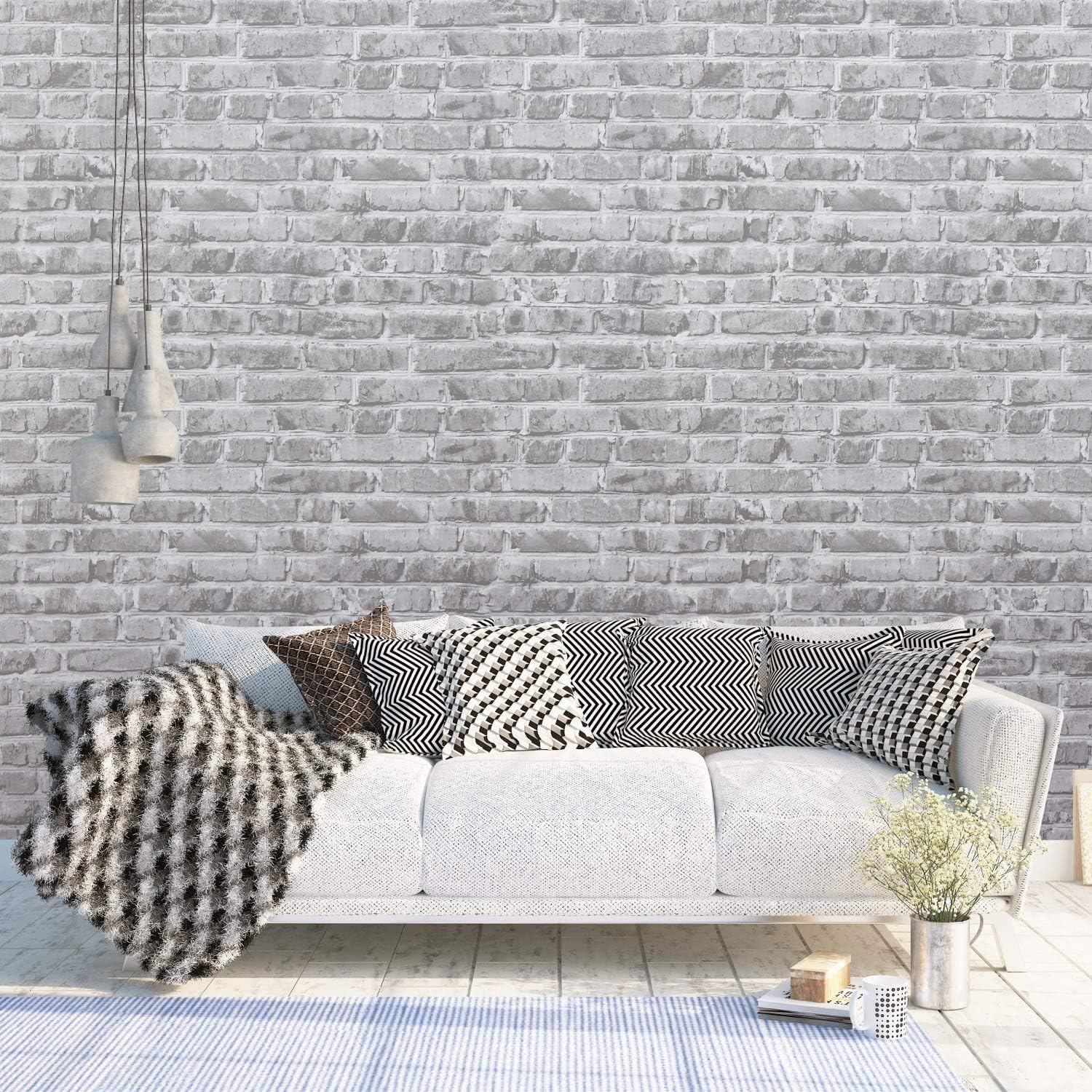 Timeet Papel tapiz de ladrillo gris, autoadhesivo de 17.7 x 118 pulgadas, papel de pared de ladrillo sintético, película extraíble, papel de