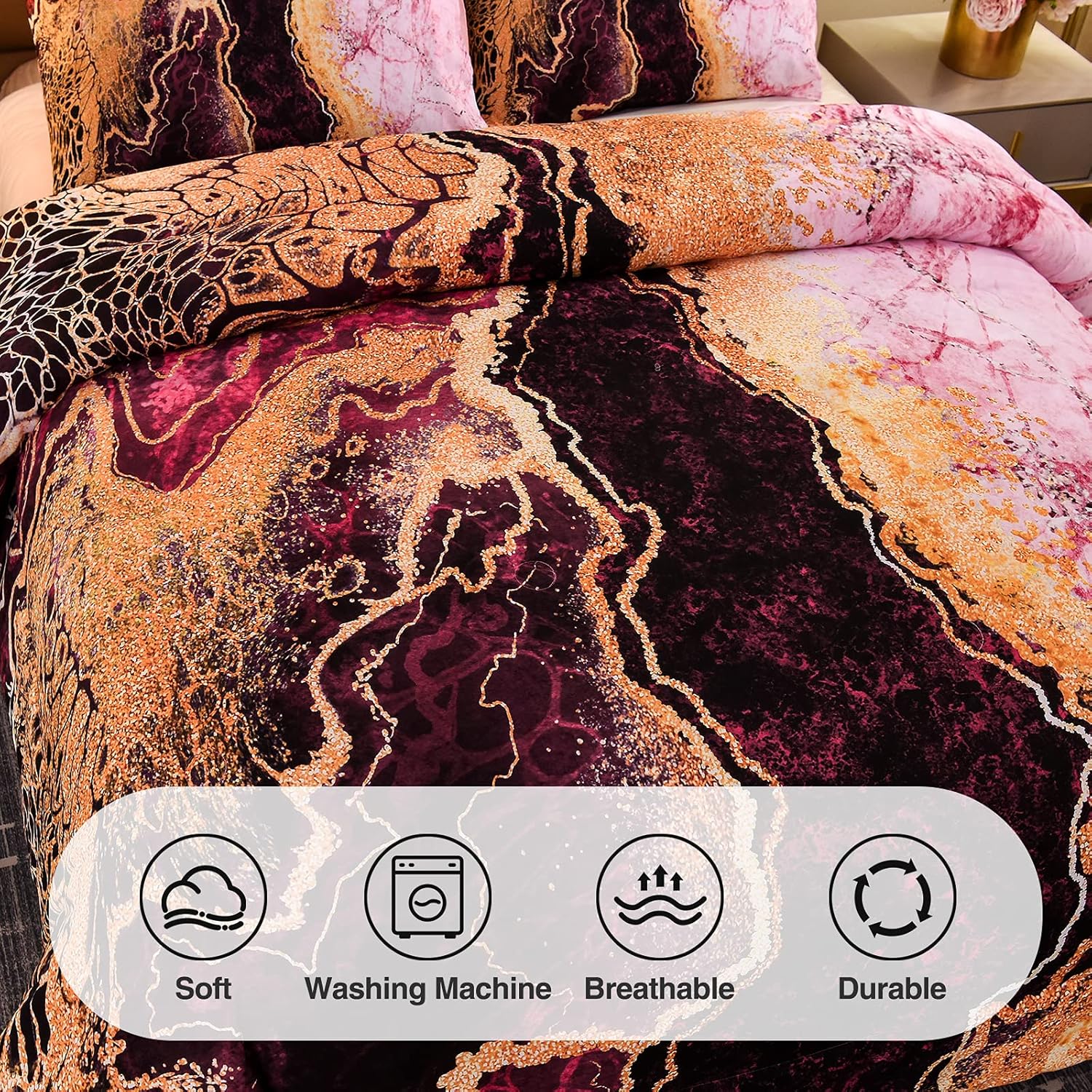 A Nice Night Juego de ropa de cama con estampado de mármol como montaña ardiente, diseño de ilustraciones de acuarela de estilo retro, juego de