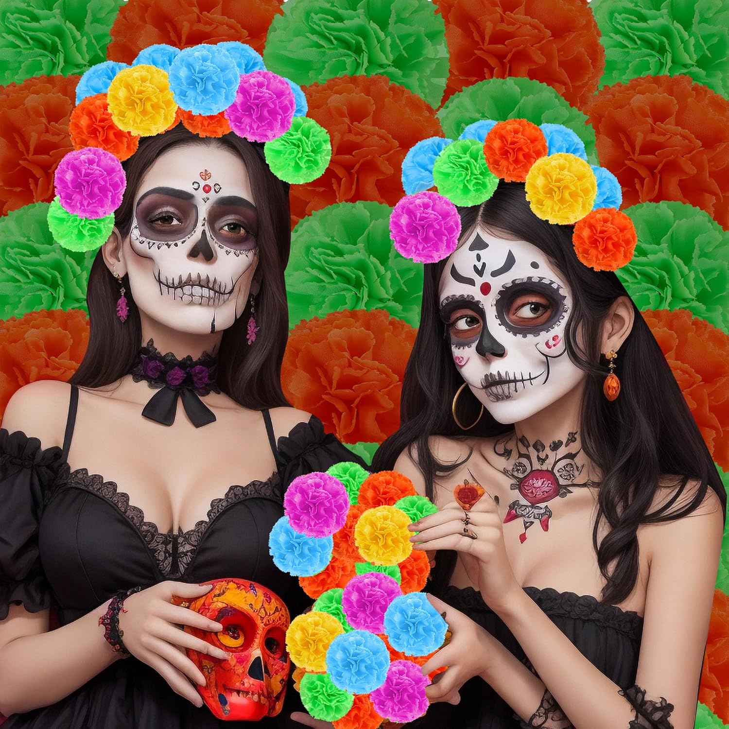 59 pancartas mexicanas de caléndula artificiales, cabezas de flores de seda de colores para el Día de los Muertos, Día de los Muertos, Diwali,
