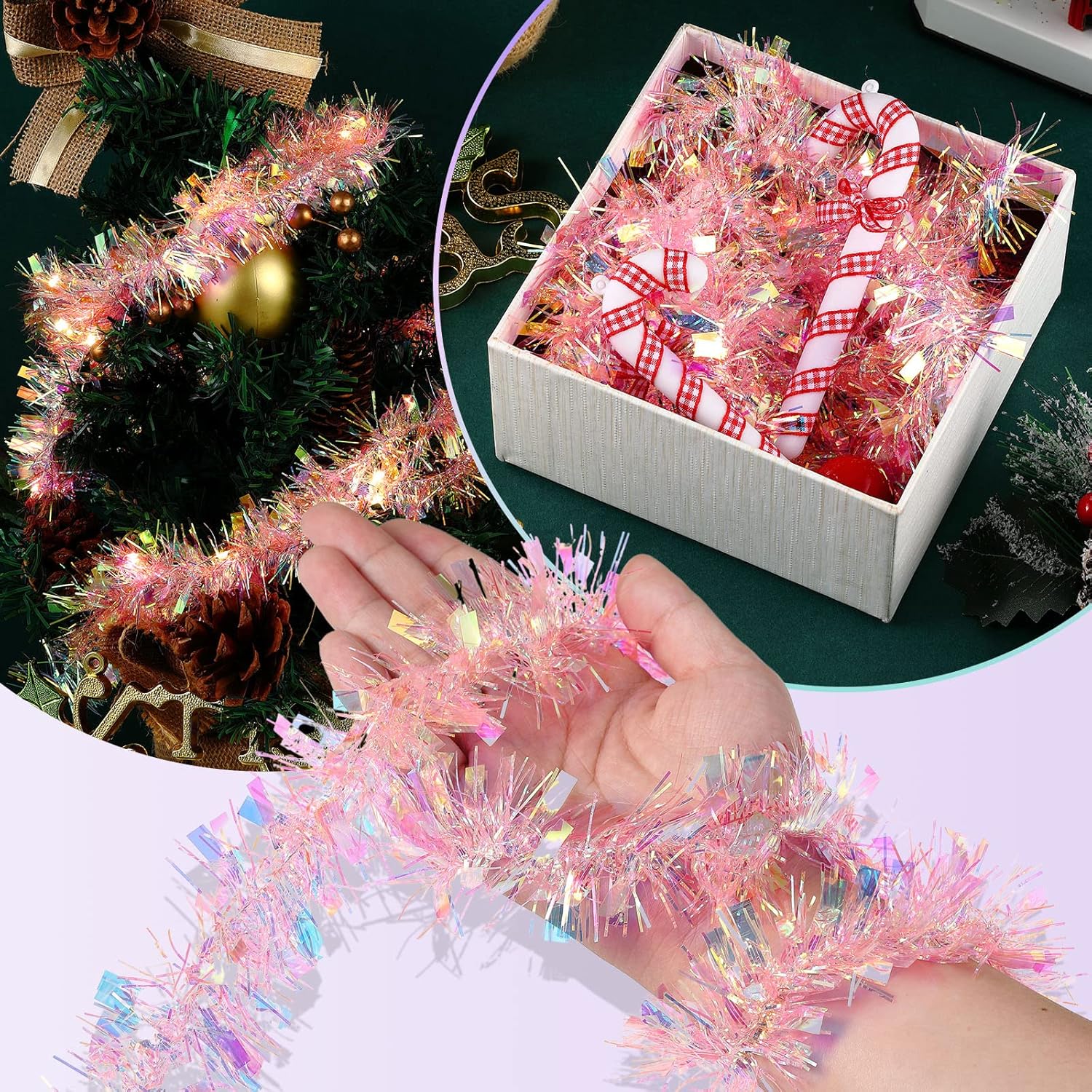 Guirnalda de oropel de árbol de Navidad de 12 tiras de 80 pies con 14 luces LED gruesas y finas serpentinas metálicas para interiores y exteriores,