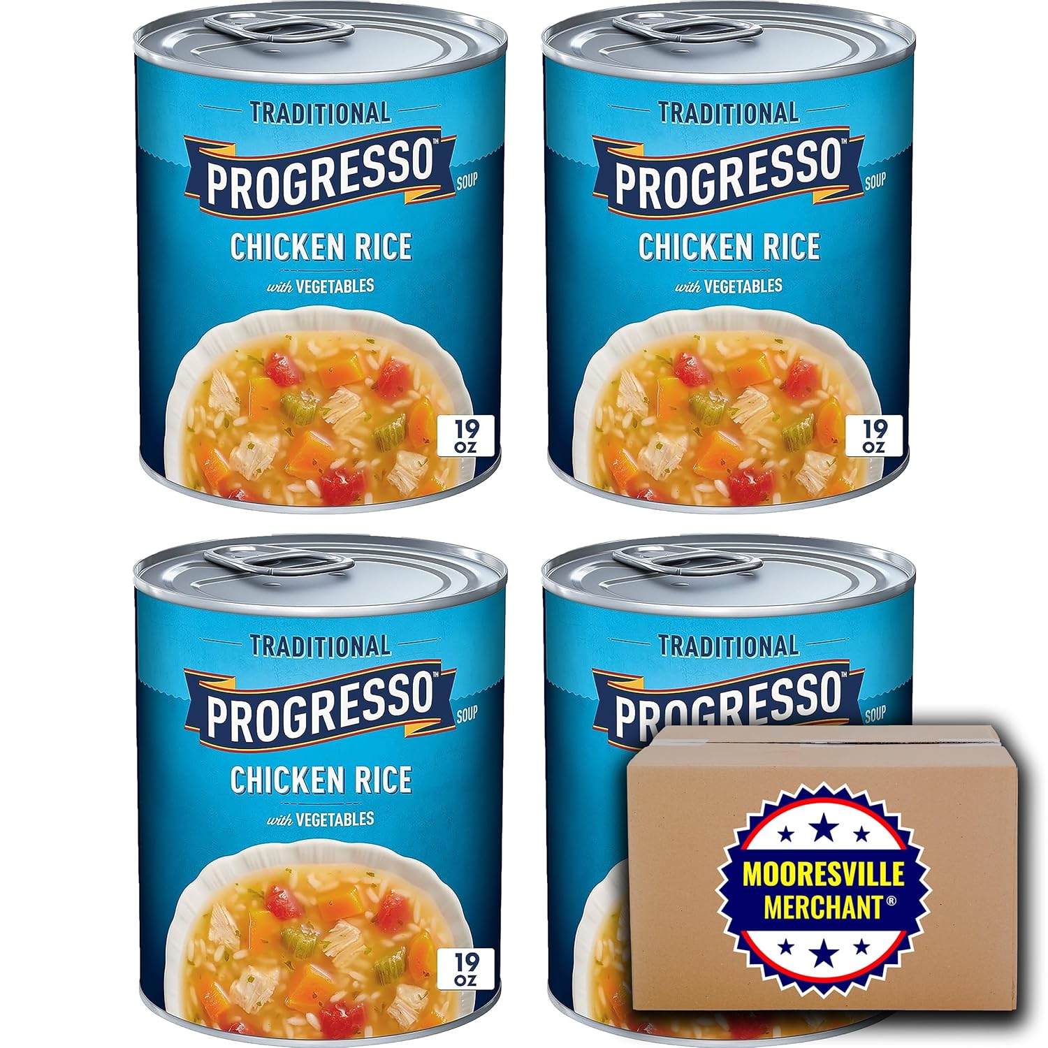 Progresso Arroz tradicional de pollo con verduras, 19 onzas líquidas, 4 latas con calcomanía Mooresville Merchant