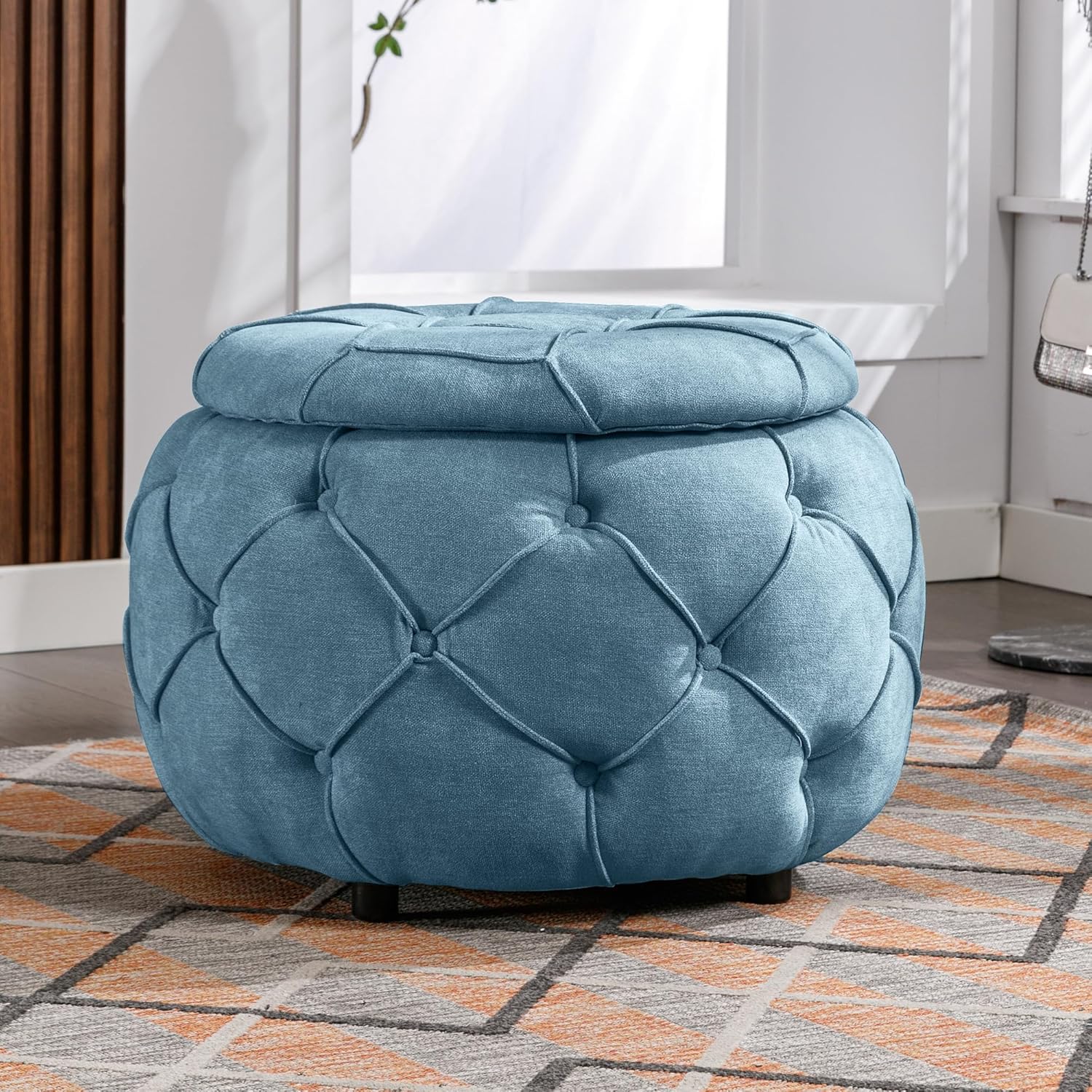 Taburete grande tejido con botones y reposapiés, otomana redonda de almacenamiento, mesa auxiliar pequeña de arpillera, silla de maquillaje, asiento