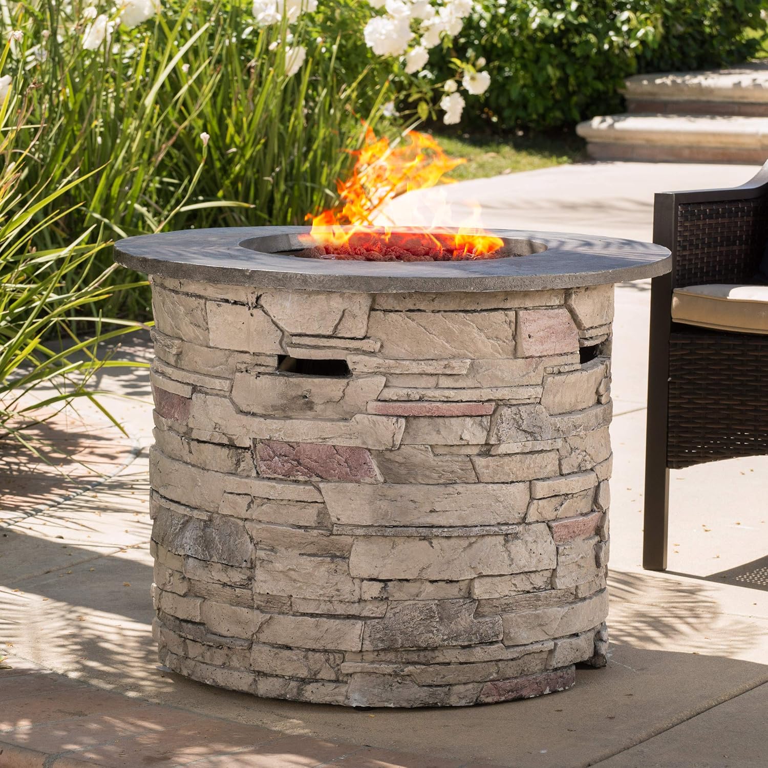 Christopher Knight Home Rogers – Foguera de propano redonda de 32 pulgadas superior – 40,000 BTU, redonda, gris