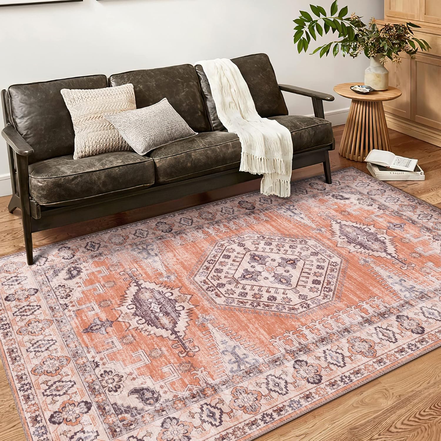 Alfombra lavable, ultrasuave de 4 x 6 pies, alfombra bohemia antideslizante, plegable, resistente a las manchas, para sala de estar, medallón tribal