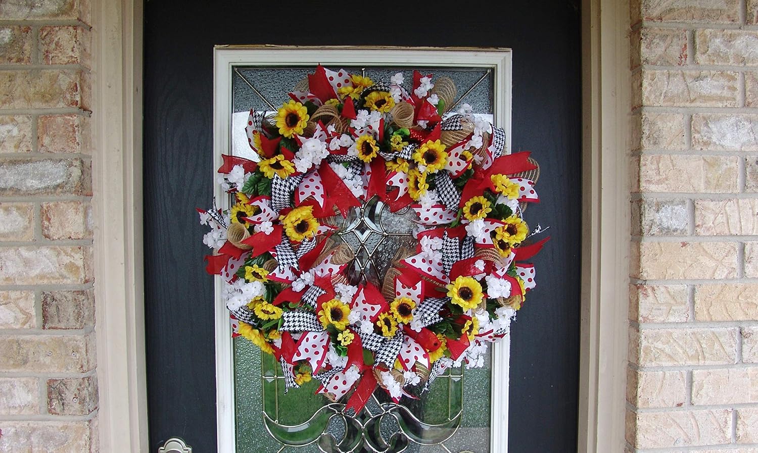 Bright Spring Summer Red Polka Dot Sunflower Deco Mesh Front Door Wreath, Porch Patio Decor, Indoor Outdoor Decoration