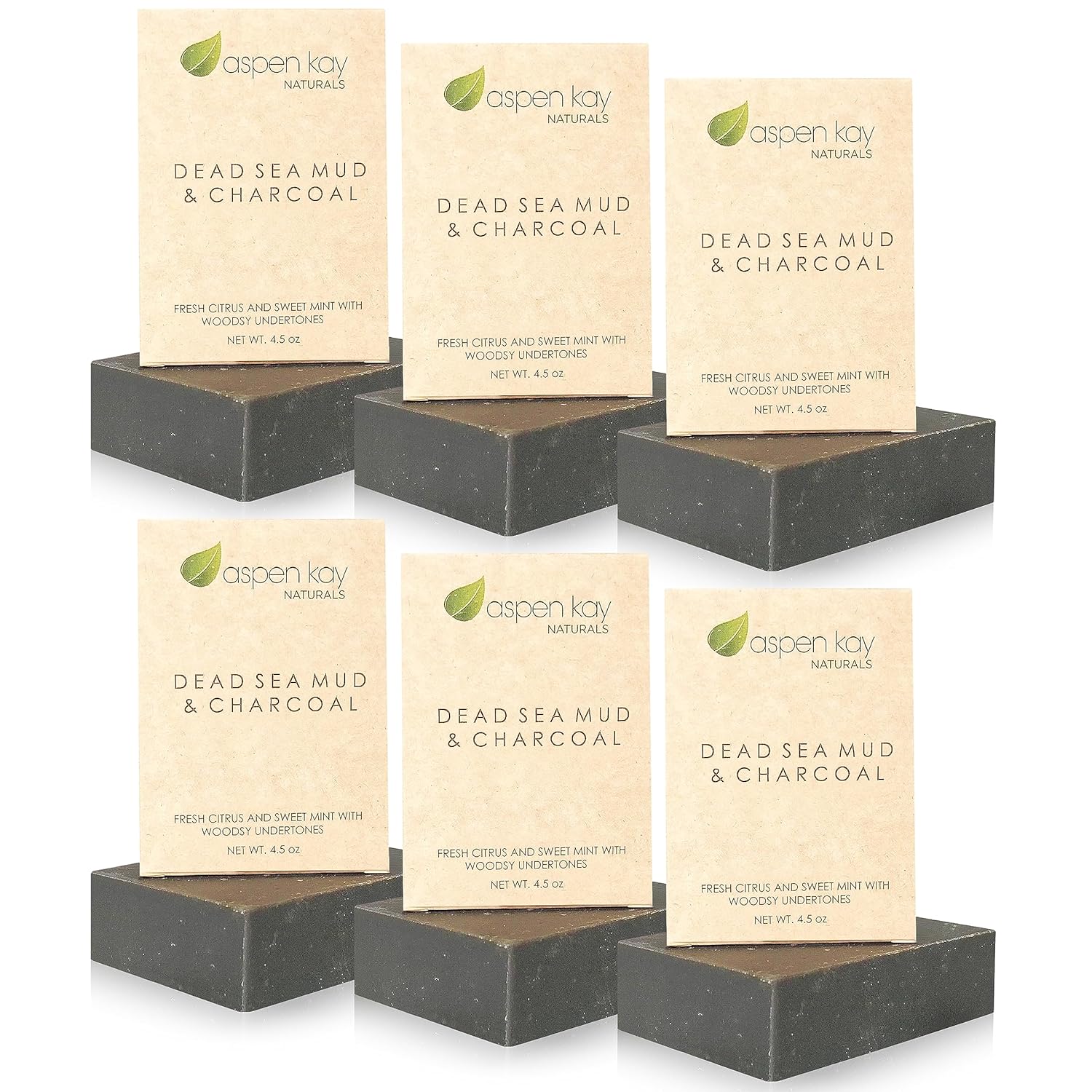 Aspen Kay Naturals Barra de jabón hecha a mano del Mar Muerto para cara y cuerpo (paquete de 6) natural y orgánico – Carbón activado y aceites