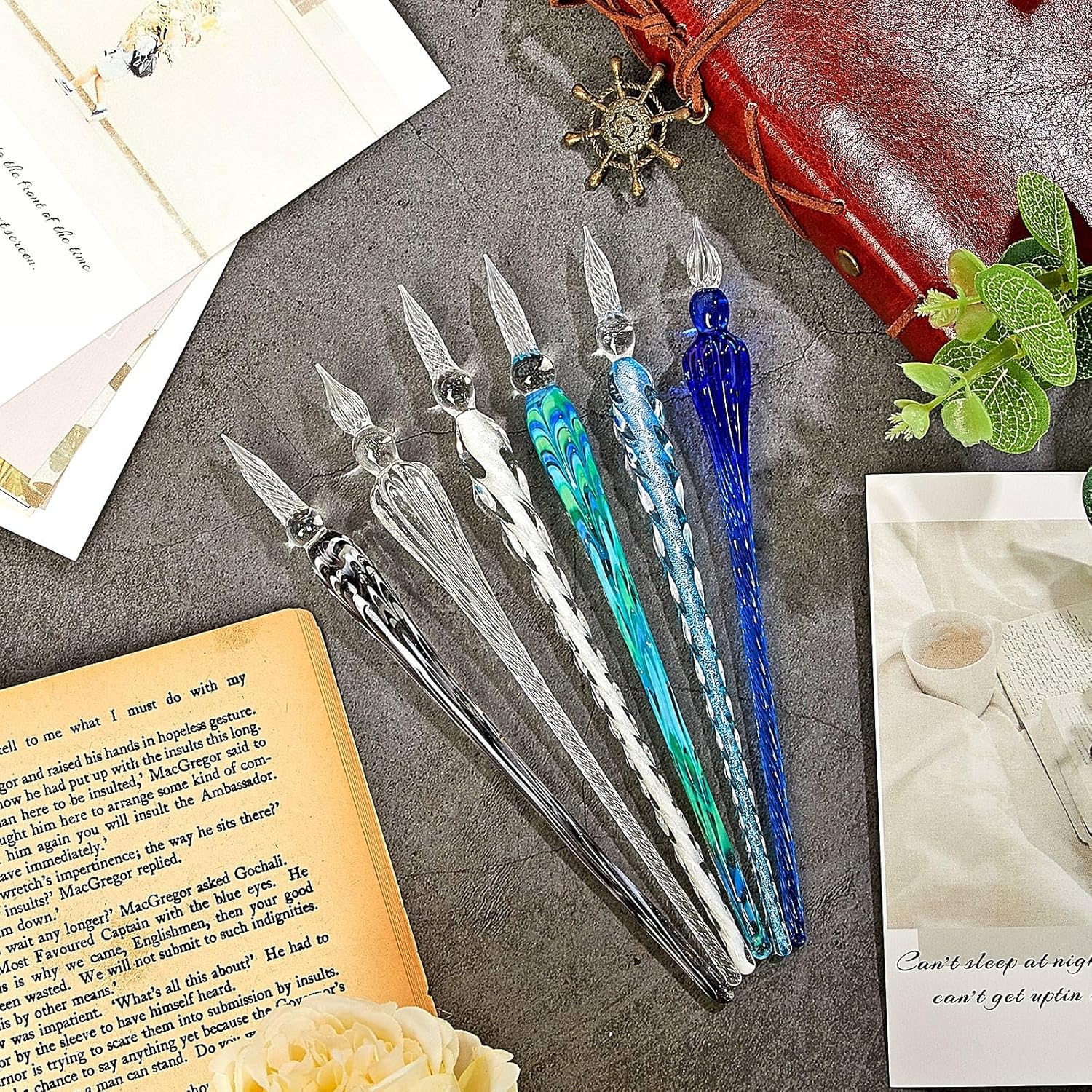 Zonon 6 bolígrafos de inmersión de vidrio hechos a mano con firma de cristal para caligrafía, bolígrafo vintage de tinta de inmersión de
