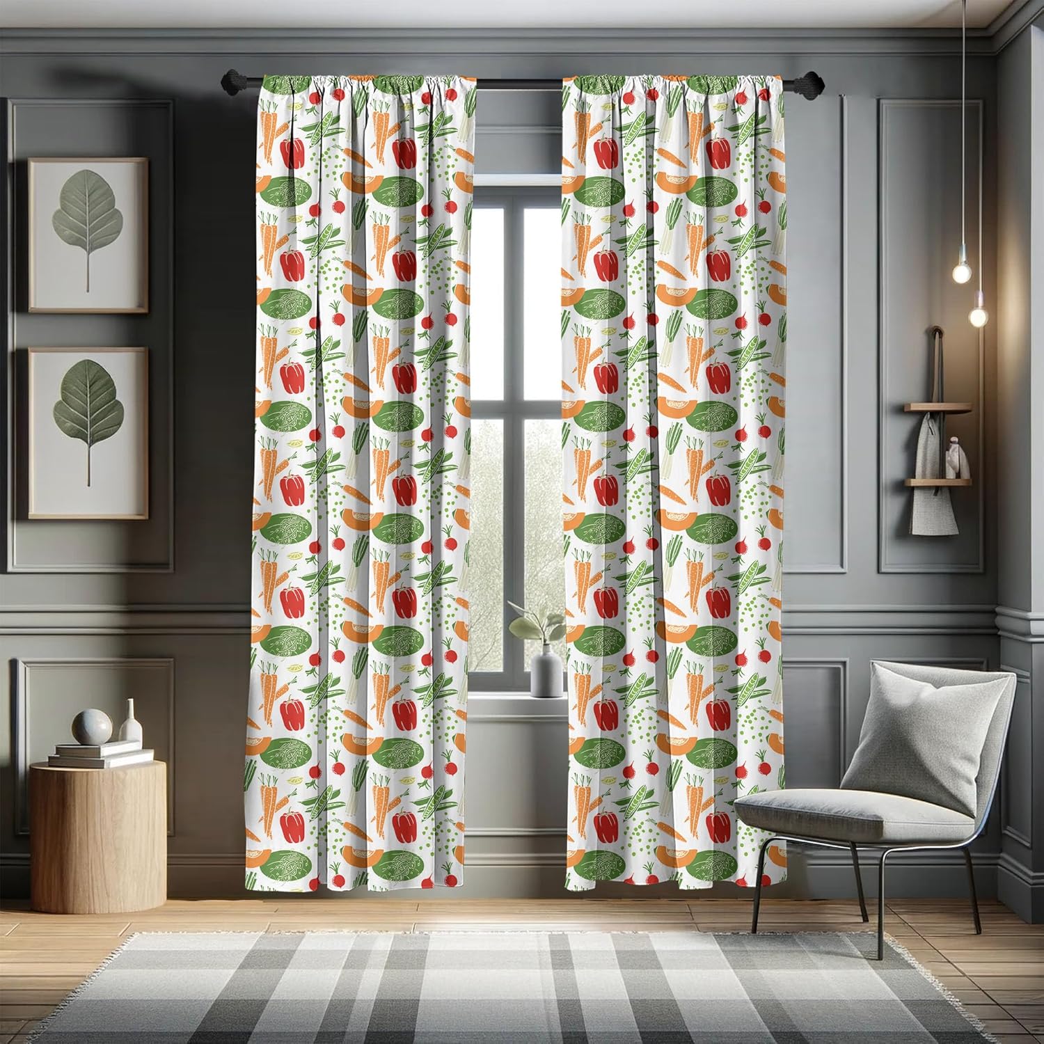 Ambesonne Cortinas vegetales, diseño de dibujos animados, patrón de alimentos con zanahoria, pimienta, soja, calabaza, rebanada y guisante,