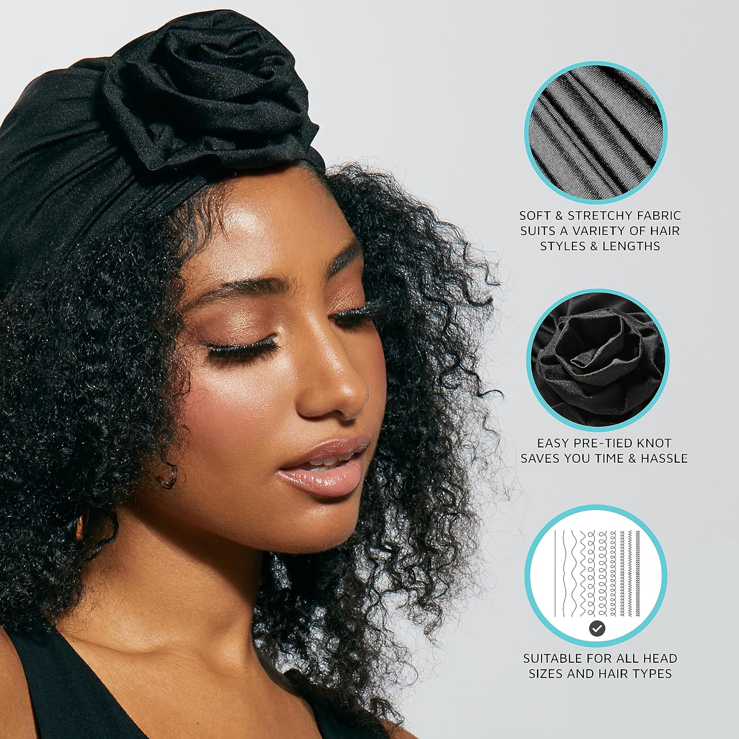KISS COLORS & CARE Bufanda de satén suave  Negro, de larga duración, multiusos, suave bufanda premium para minimizar el encrespamiento, evitar