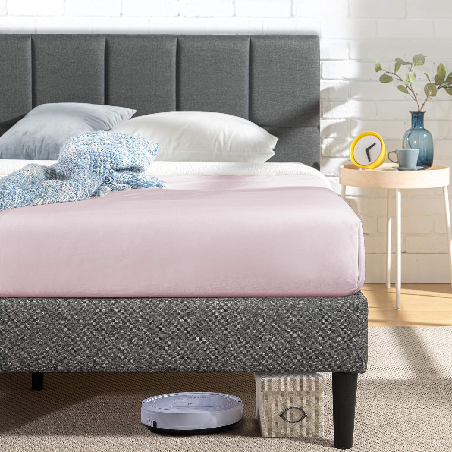 ZINUS Lottie – Base de cama tapizada con cabecero corto y puertos USB, base de colchón, soporte de listones de madera, no necesita somier, fácil