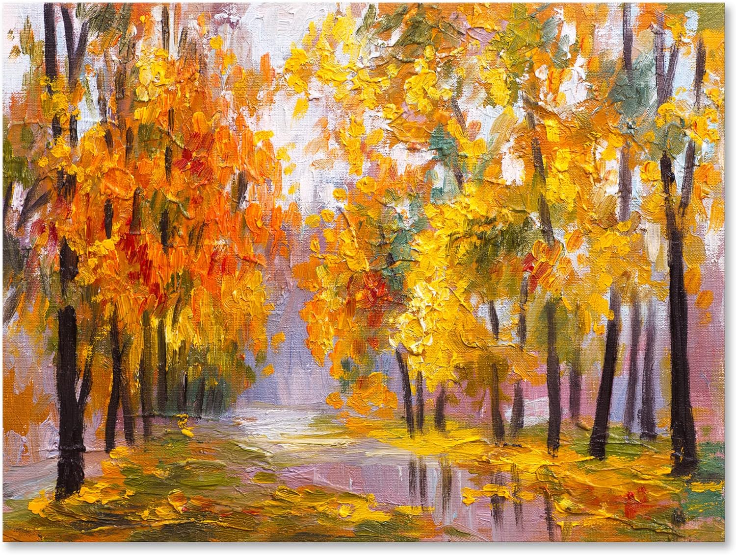 Lienzo decorativo para pared, diseño de bosque lleno de hojas caídas en otoño, casa del lago, color naranja, 32 x 24 pulgadas