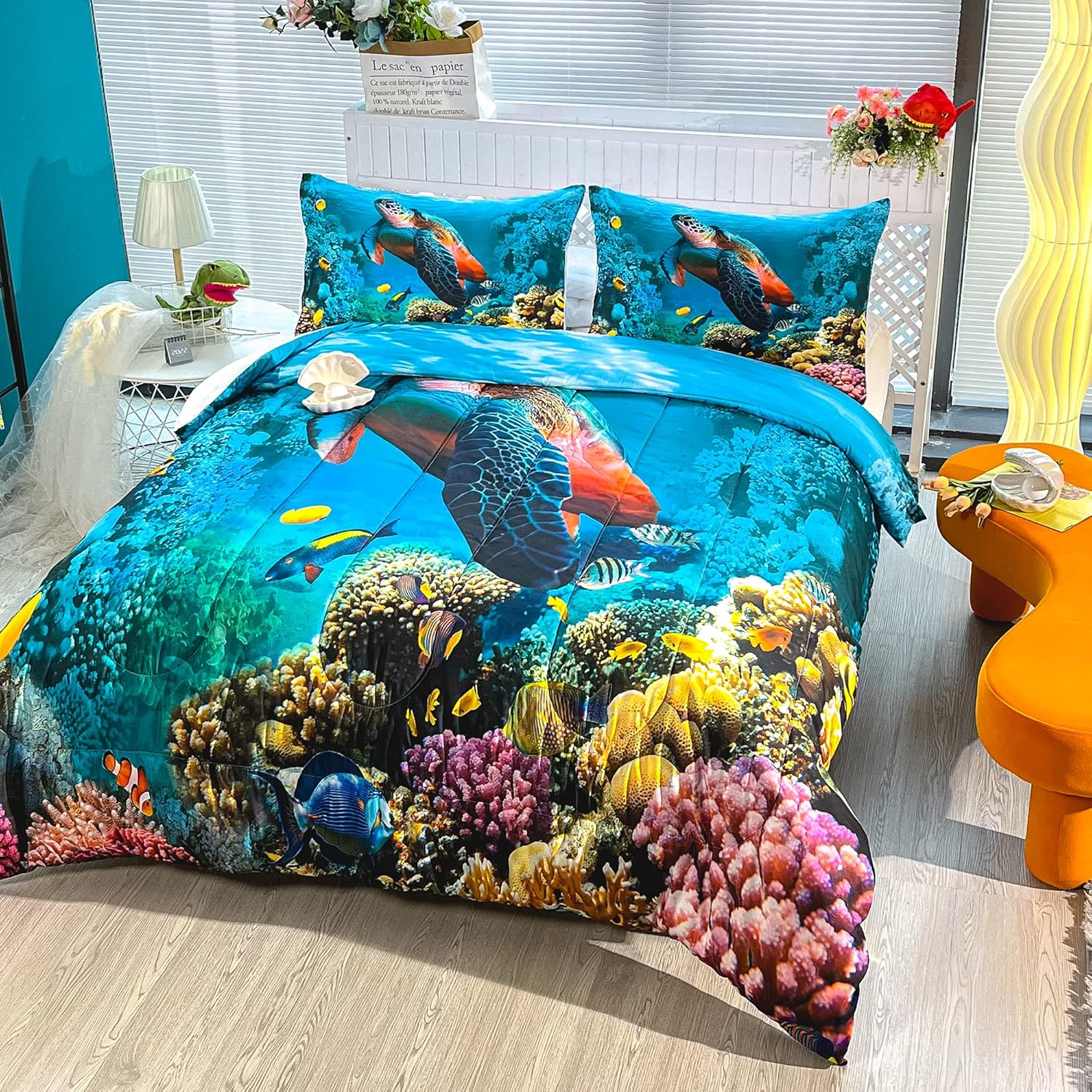 CVHOUSE Juego de ropa de cama de tortuga marina, edredón de tortuga marina, juego de edredón de playa oceánica para niños y niñas, juego de edredón