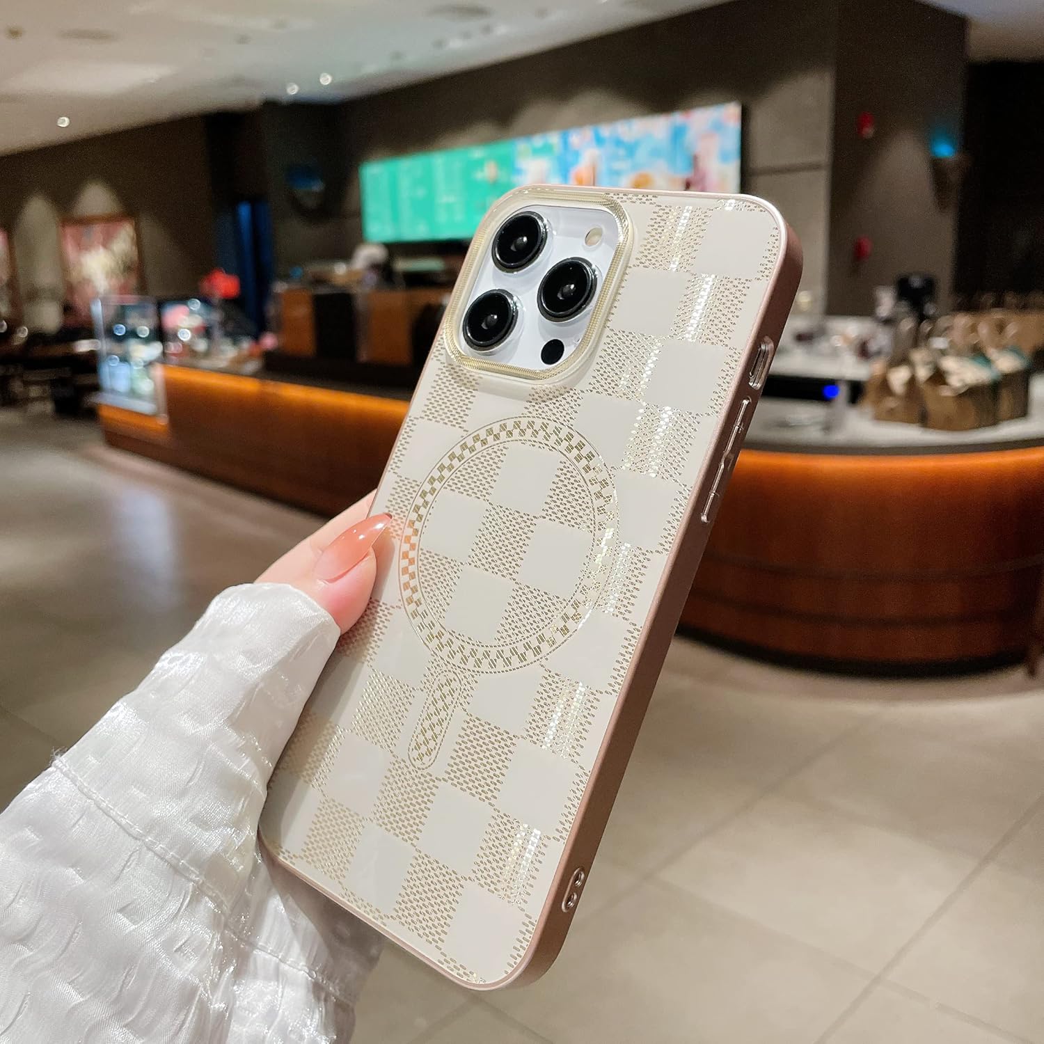 RMAONT Funda magnética para iPhone 13 Pro Max, diseño de cuadrícula de ajedrez a cuadros, funda protectora a prueba de golpes, parte trasera dura,