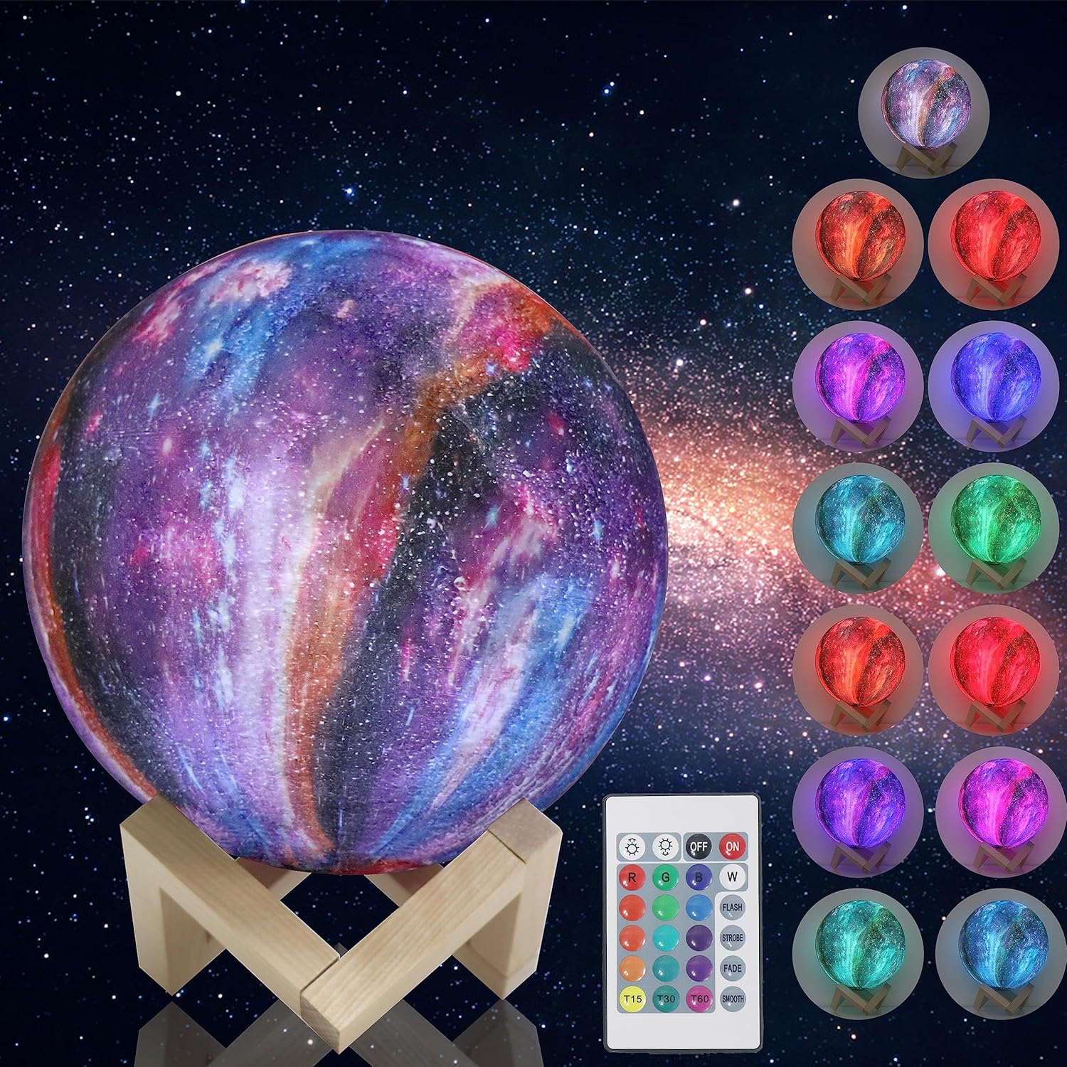Lámpara de luna de galaxia, 7.87 pulgadas, 16 colores, luz de luna LED 3D con soporte, recargable por USB, táctil y control remoto, luz nocturna de
