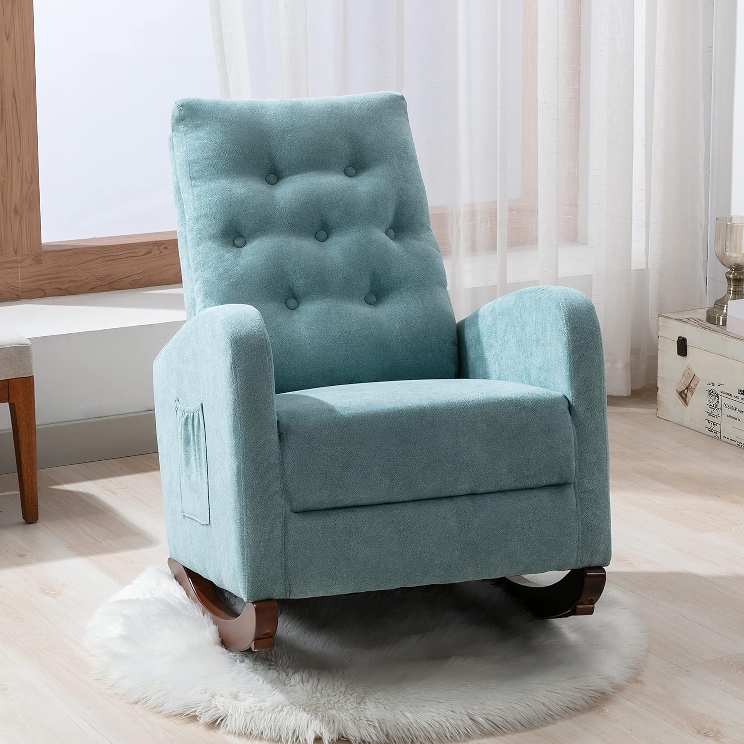 Voohek Mecedora tapizada con respaldo Hih, cómodo asiento acolchado de tela con 1 bolsillos para sala de estar, dormitorio, guardería, color verde