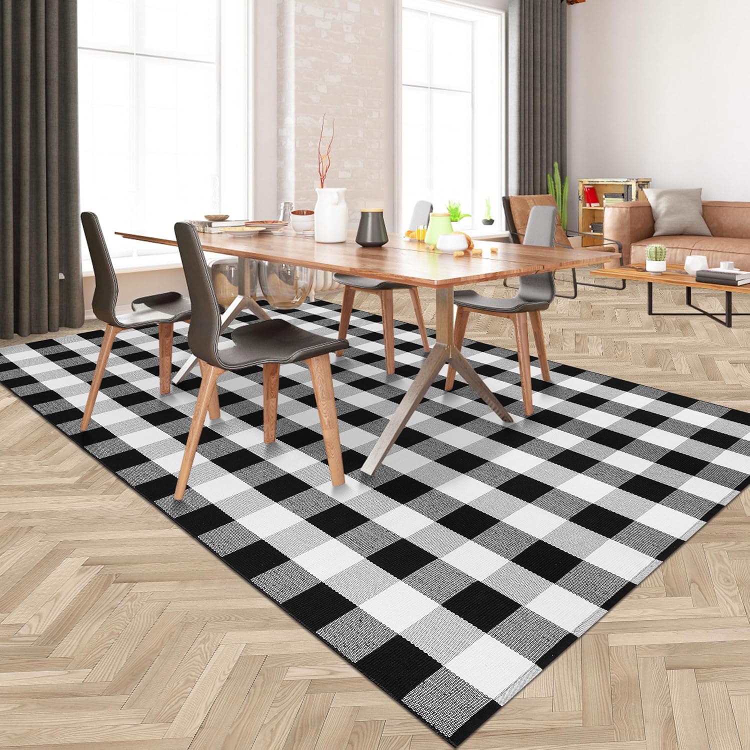 Alfombra de cuadros de búfalo de 5 x 8 pies, alfombra de algodón a cuadros blancos y negros, tejida a mano, lavable para interiores y exteriores,