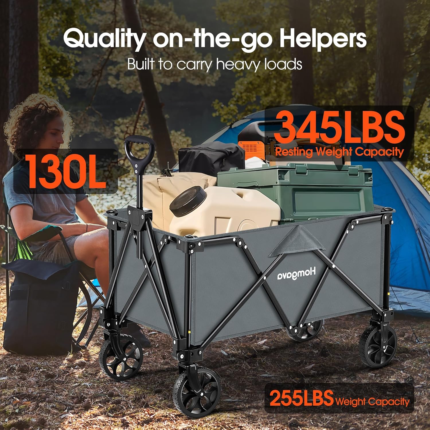 Carrito plegable de 190 L, carro de campamento de gran capacidad de 345 libras, carro plegable todo terreno, carrito utilitario resistente para