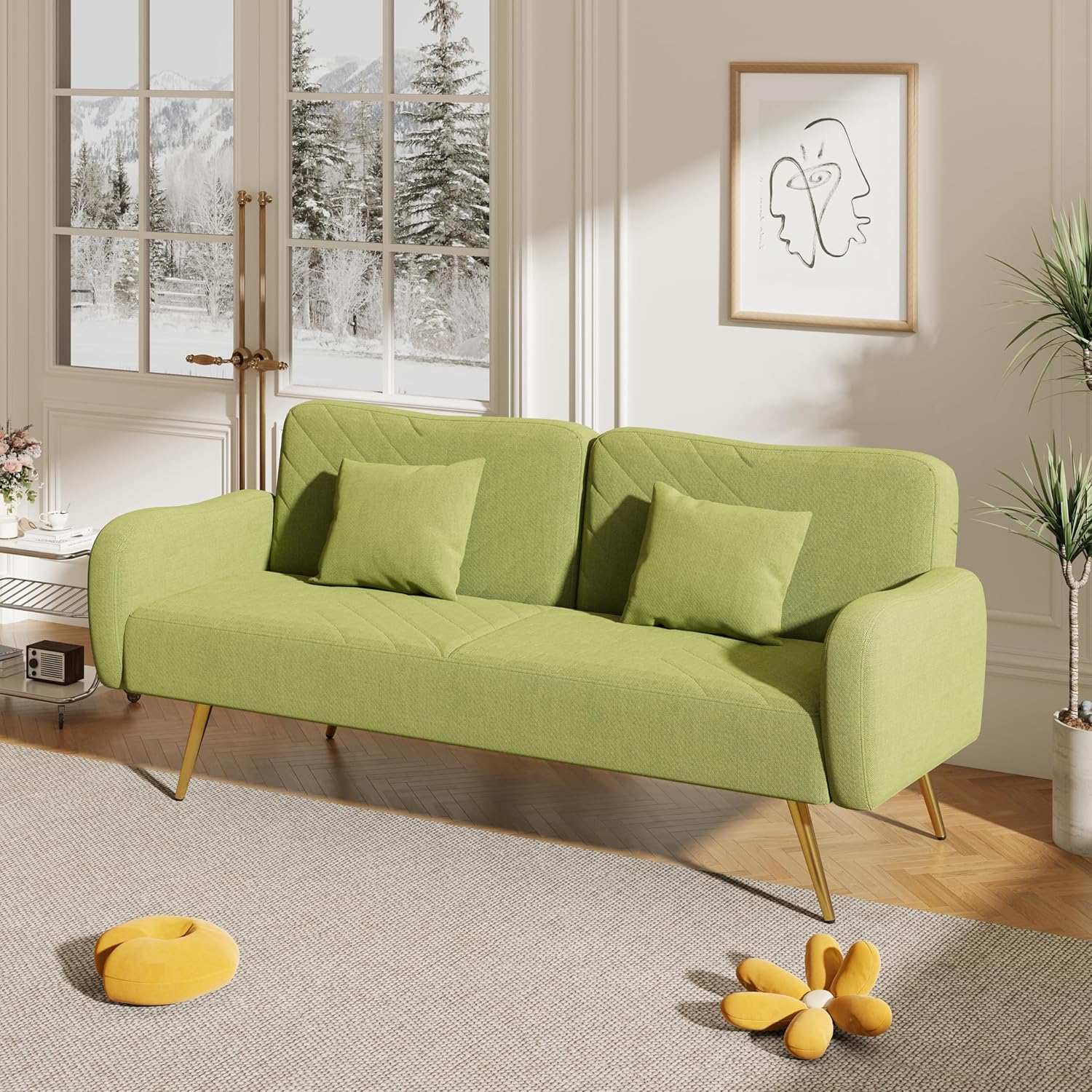 Sofá biplaza verde de 70 pulgadas, sofá cama moderno de mediados de siglo con respaldo dividido y dos almohadas, sofá cama convertible para sala de