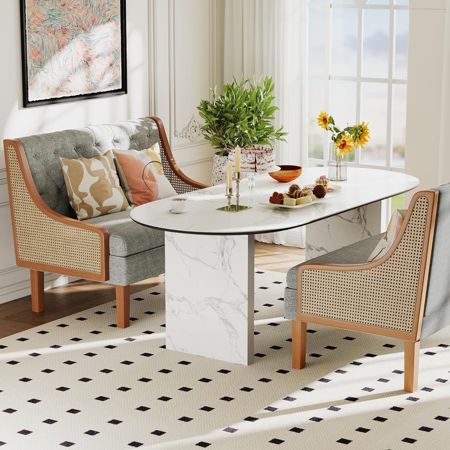 Andeworld Banco de sofá biplaza con brazos de ratán natural, mini sofá tapizado moderno, banco de comedor de banqueta, asiento de amor para sala de