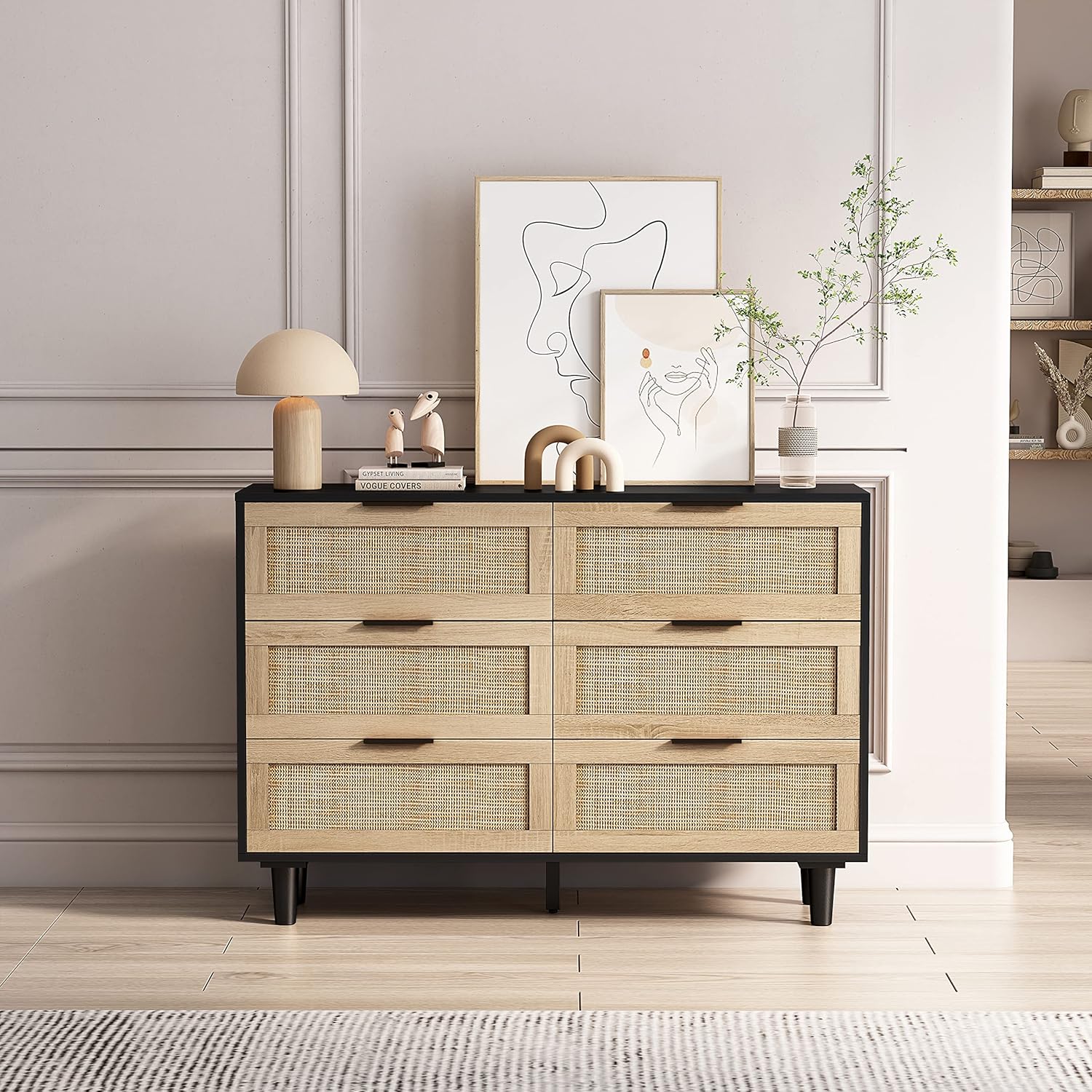 Cómoda con 6 cajones de 43.31 pulgadas, moderna cómoda de ratán con 6 cajones, armario de almacenamiento de madera para dormitorio, sala de estar,