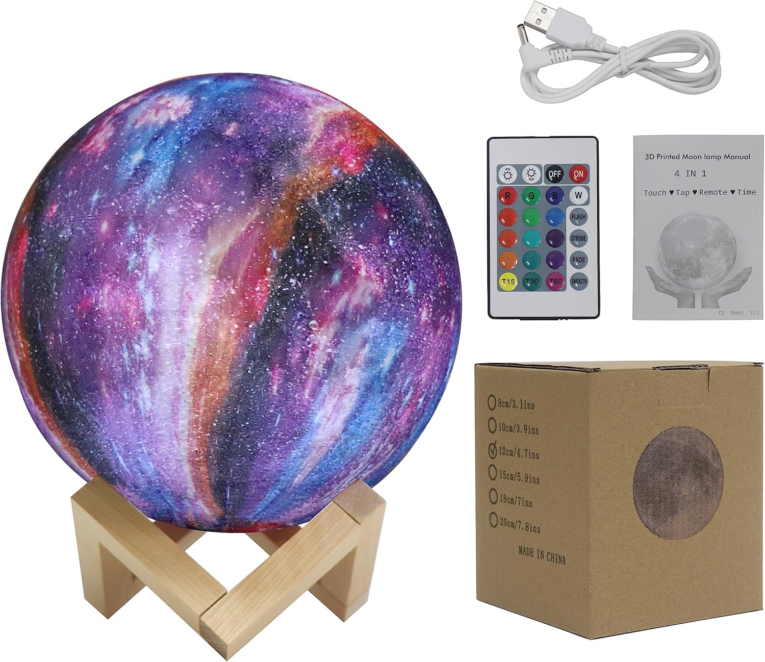 Lámpara de luna de galaxia, 7.87 pulgadas, 16 colores, luz de luna LED 3D con soporte, recargable por USB, táctil y control remoto, luz nocturna de