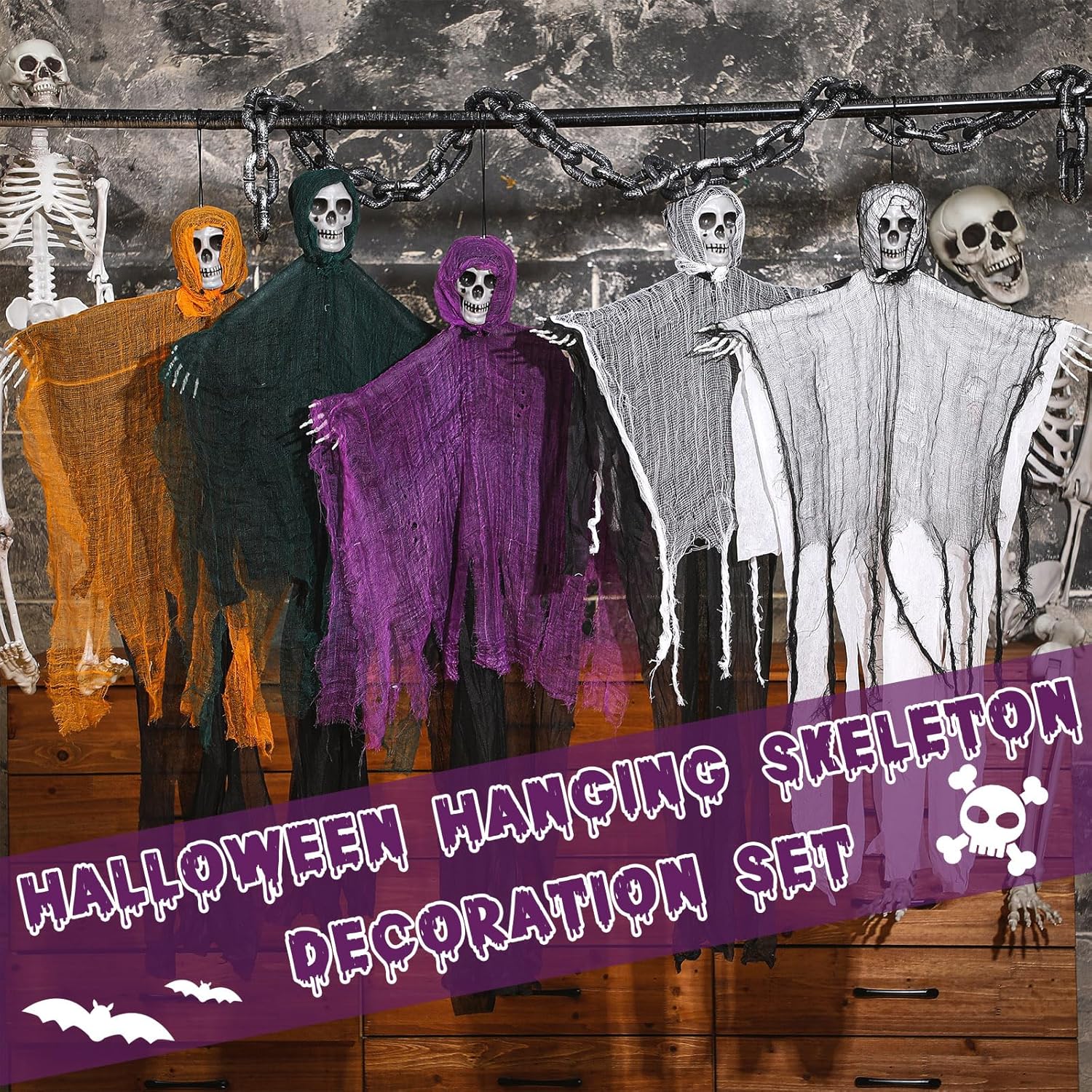 5 piezas de 35 pulgadas de Halloween colgantes de parca colgantes de esqueleto de Halloween, fantasmas, decoración de fantasmas colgantes,
