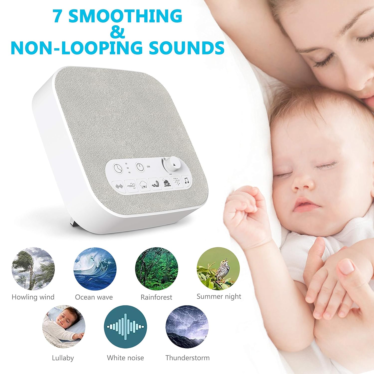Máquina de sonido de ruido blanco con sonidos naturales, cargador de salida USB, volumen ajustable, conector para auriculares y temporizador de
