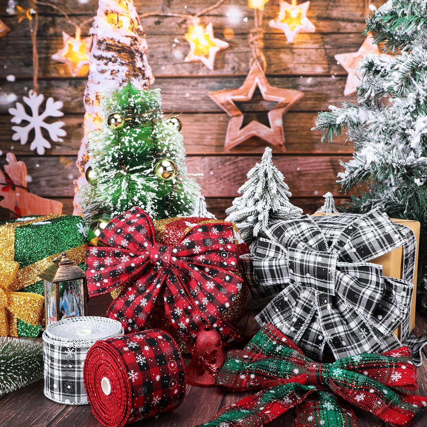 4 rollos de cinta de Navidad a cuadros de búfalo de Navidad, cinta de copo de nieve, cinta de Navidad con alambre para decoración de envoltura de