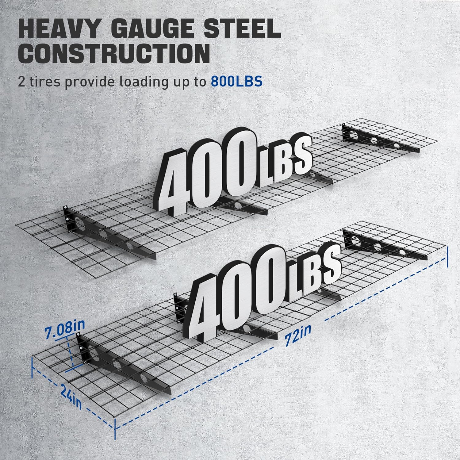 Paquete de 2 estantes de pared de garaje de 2 x 6 pies, estante de pared resistente de 72 x 24 pulgadas, estante de almacenamiento de garaje montado
