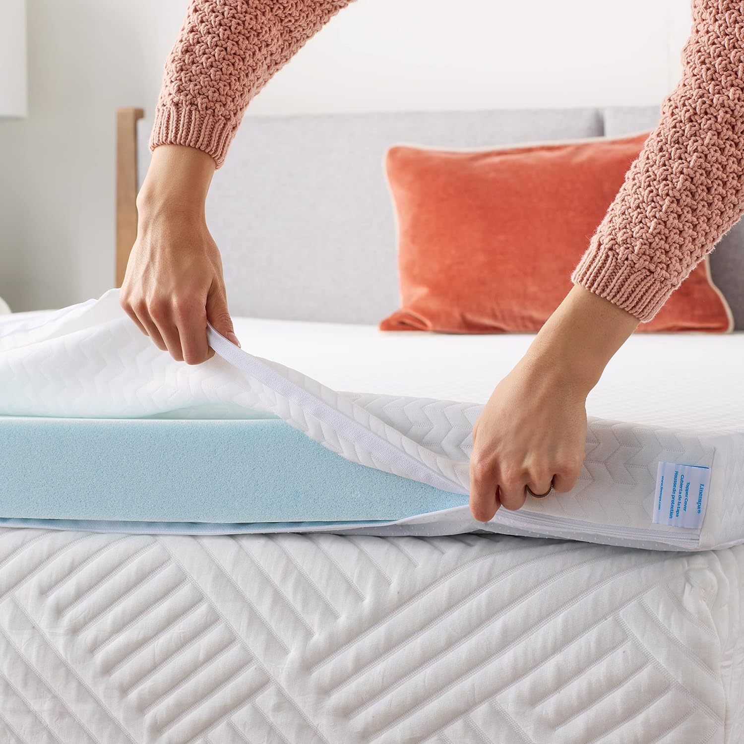 Linenspa Cubrecolchón de espuma viscoelástica de 4pulgadas, mantiene la cubierta limpia y segura, lavable a máquina, antideslizante, transpirable