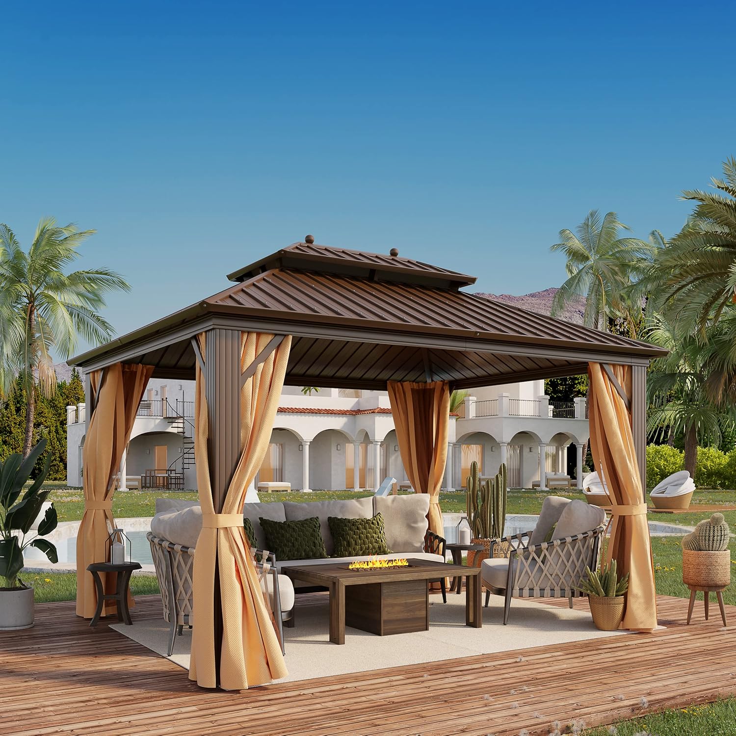 Cenador permanente de techo rígido de 10 x 12 pies, toldo de pérgola de pabellón de doble techo de acero galvanizado para exteriores, con marco de