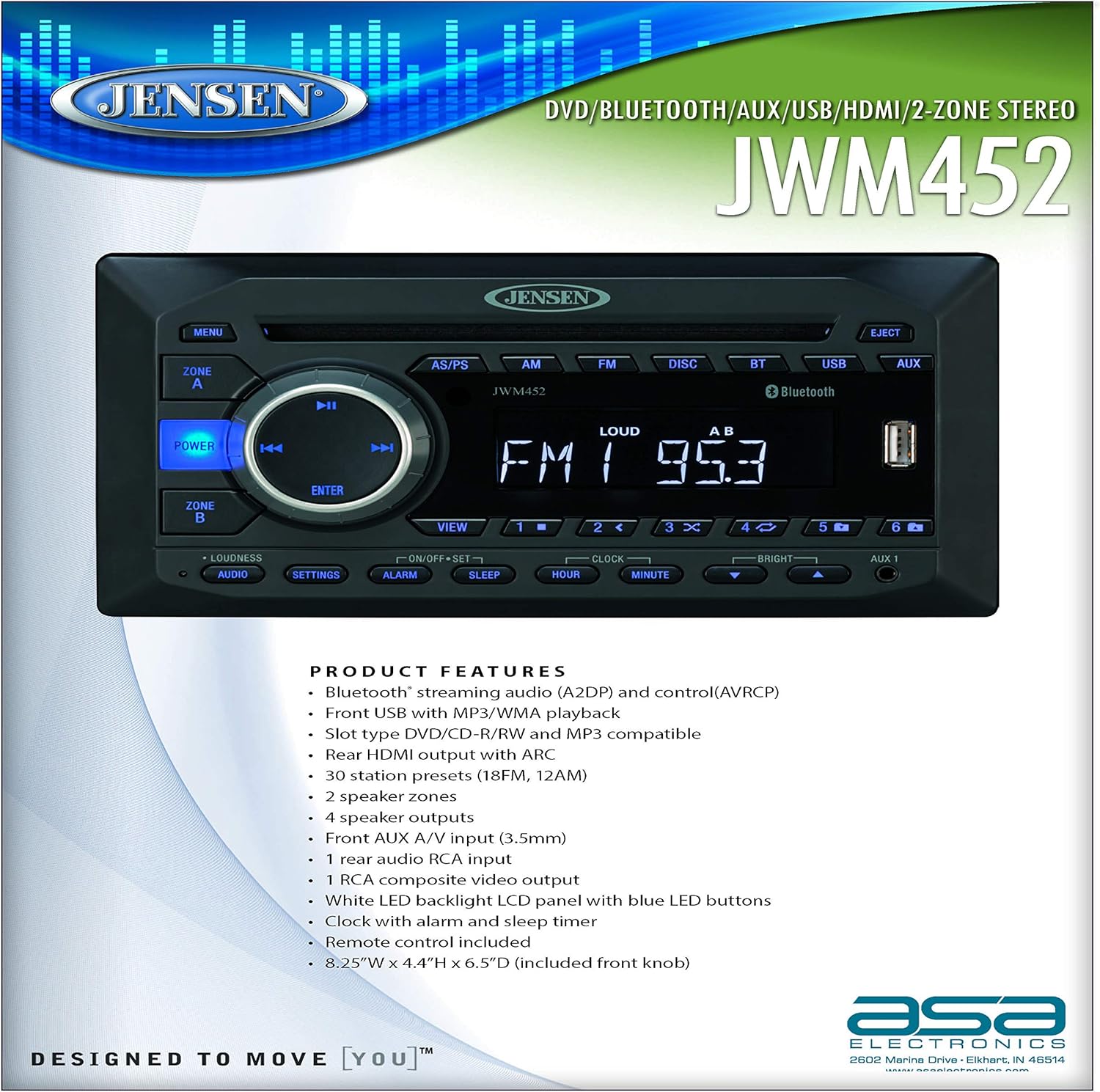 Jensen JWM452 – Zonas de 2 altavoces AMFMDVDBT  AUX  USB estéreo de montaje en pared, USB frontal con reproducción de MP3WMA, ranura DVDCD-RRW y MP3