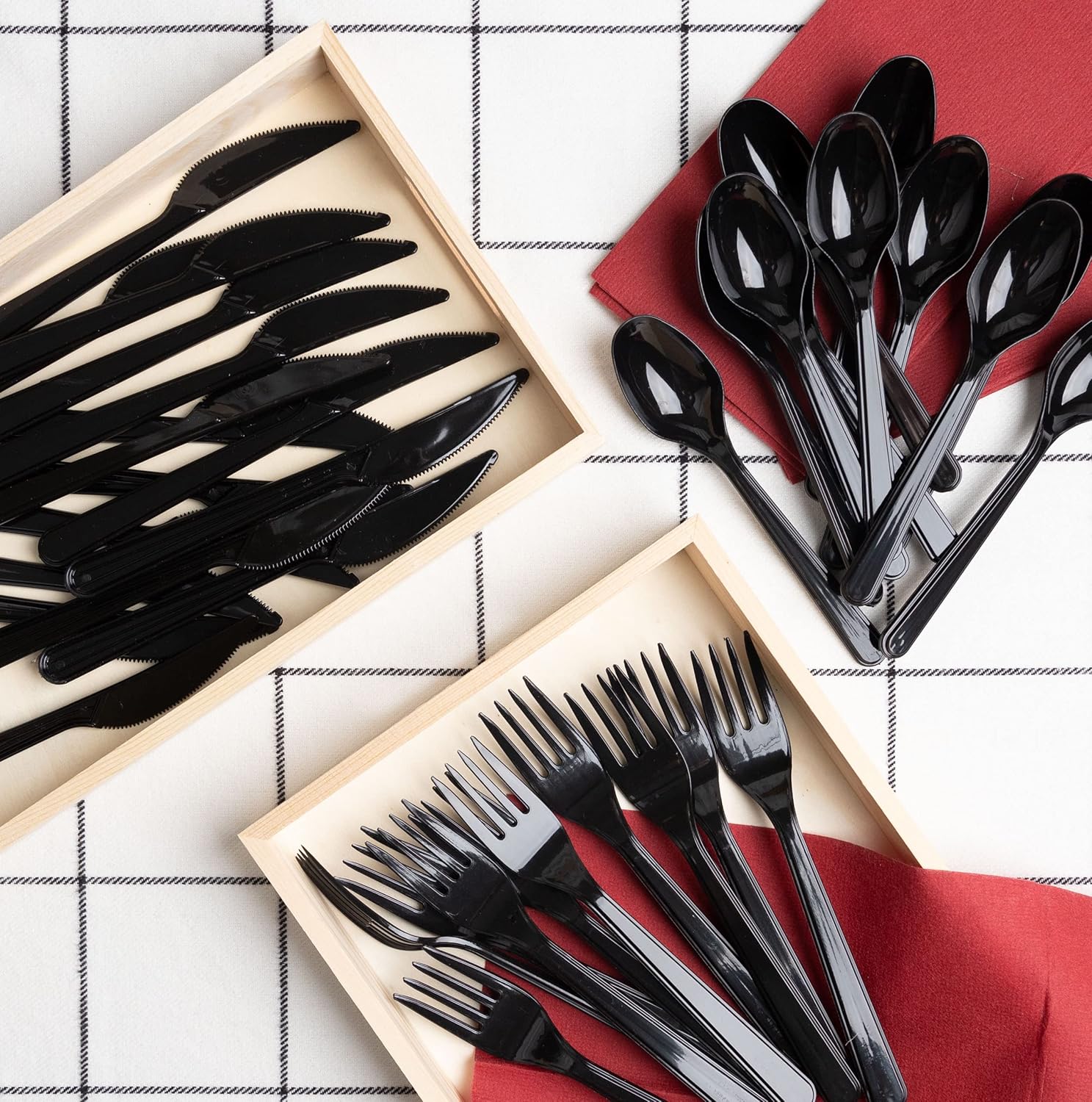 PlasticPro Juego de 100 cucharas de plástico pesadas, cucharas desechables negras, juego de cubiertos de plástico
