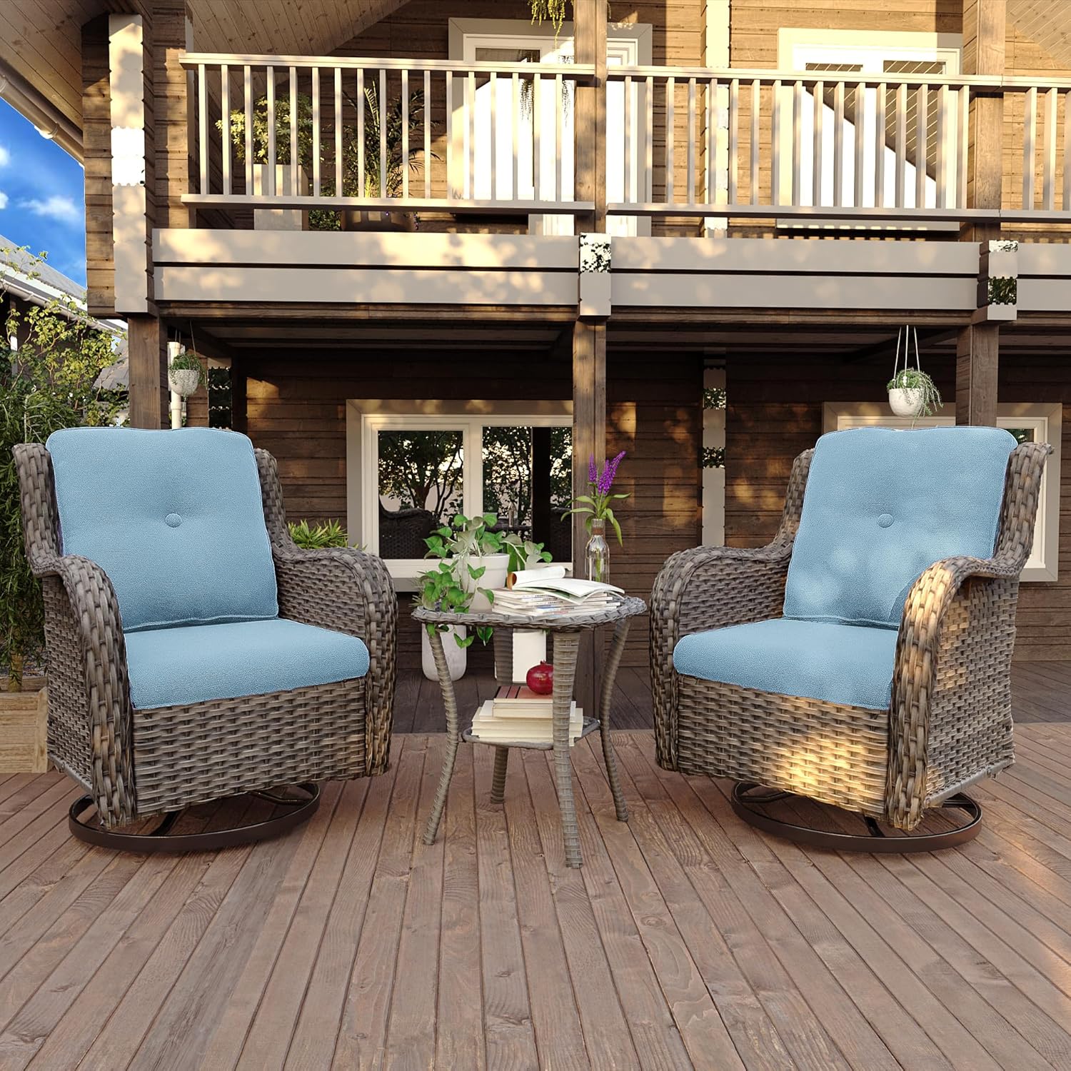 Silla giratoria para patio al aire libre, juego de conversación de mimbre para patio al aire libre con cojines de tela de olefina adecuados para