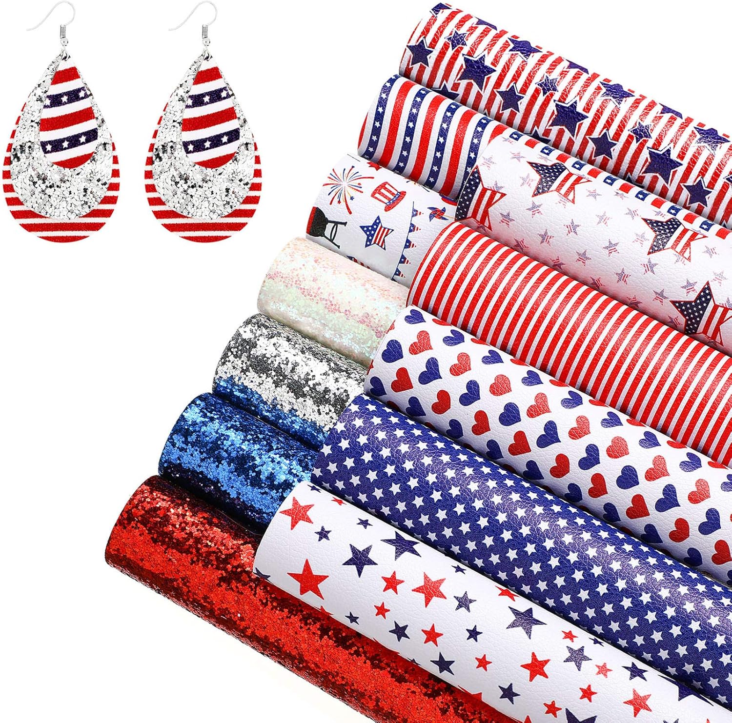 11.8 pulgadas x 7.9 pulgadas de largo, 12 piezas de hojas de cuero sintético con diseño de bandera estadounidense y lentejuelas con purpurina, tela