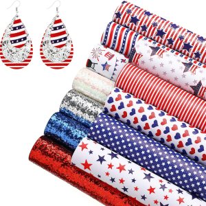 11.8 pulgadas x 7.9 pulgadas de largo, 12 piezas de hojas de cuero sintético con diseño de bandera estadounidense y lentejuelas con purpurina, tela 11.8 pulgadas x 7.9 pulgadas de largo, 12 piezas de hojas de cuero sintético con diseño de bandera estadounidense y lentejuelas con purpurina, tela