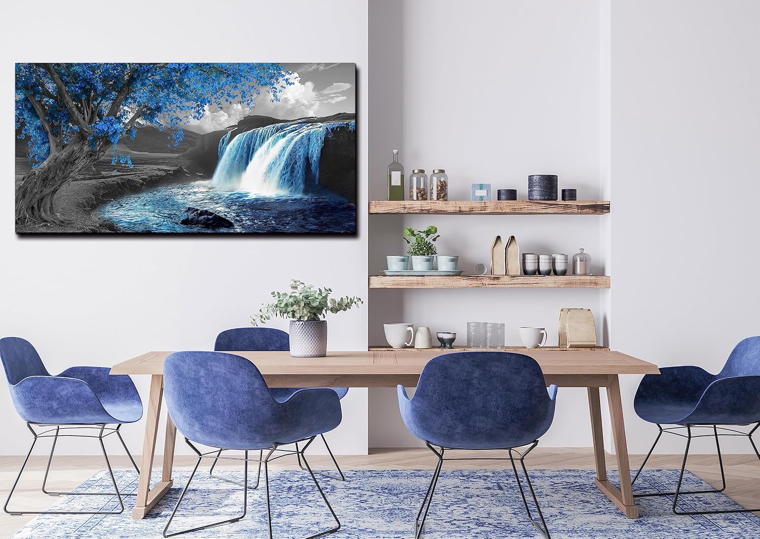 Lienzo de paisaje natural para sala de estar, cuadros de cascada para pared, decoración de pared de árbol azul, listo para colgar, tamaño 60 x 30