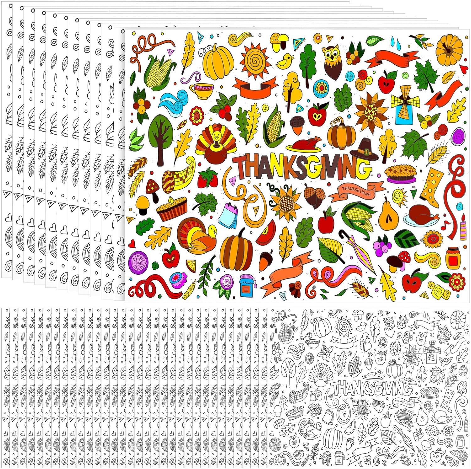 100 manteles individuales de papel para colorear de Acción de Gracias de 11 x 14 pulgadas, colorea tus propios manteles individuales desechables de