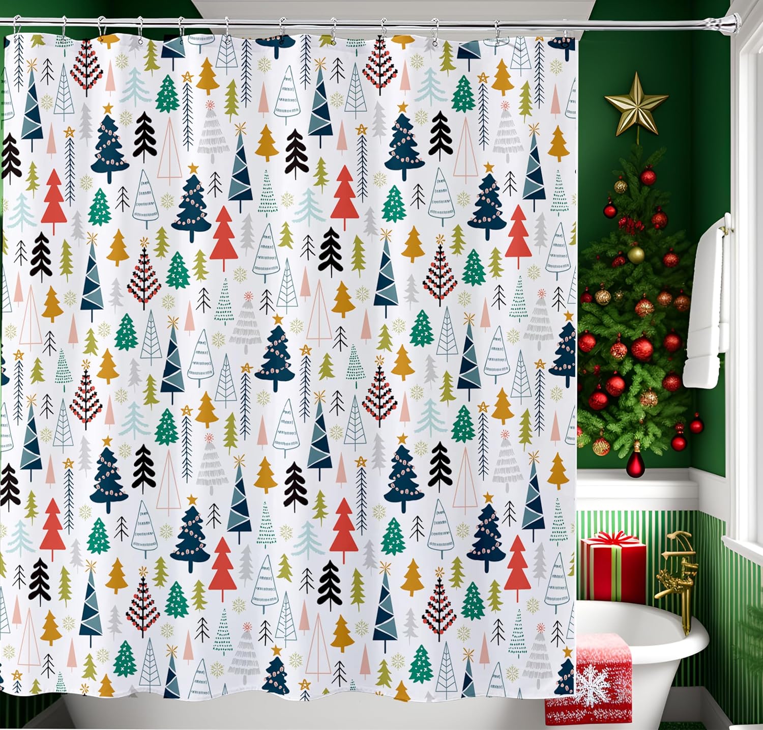 Get Orange Cortina de ducha con diseño de árbol de Navidad, diseño de acuarela, árbol de Navidad, tela de poliéster, cortina de ducha de baño, 72 x