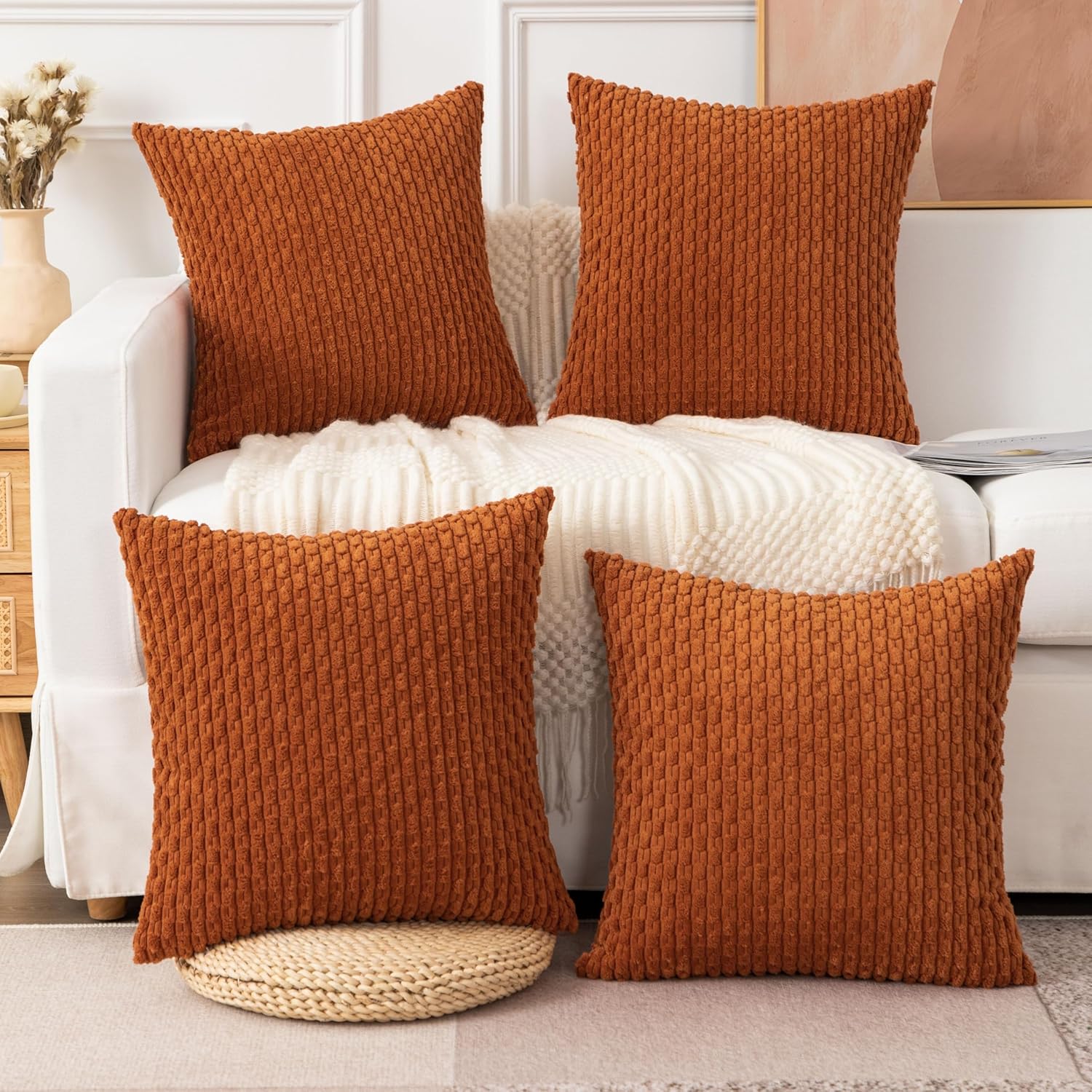 UGASA – Funda de almohada decorativa de pana suave para otoño, 20 x 20 pulgadas, estilo bohemio, a rayas, decoración moderna del hogar para sofá,