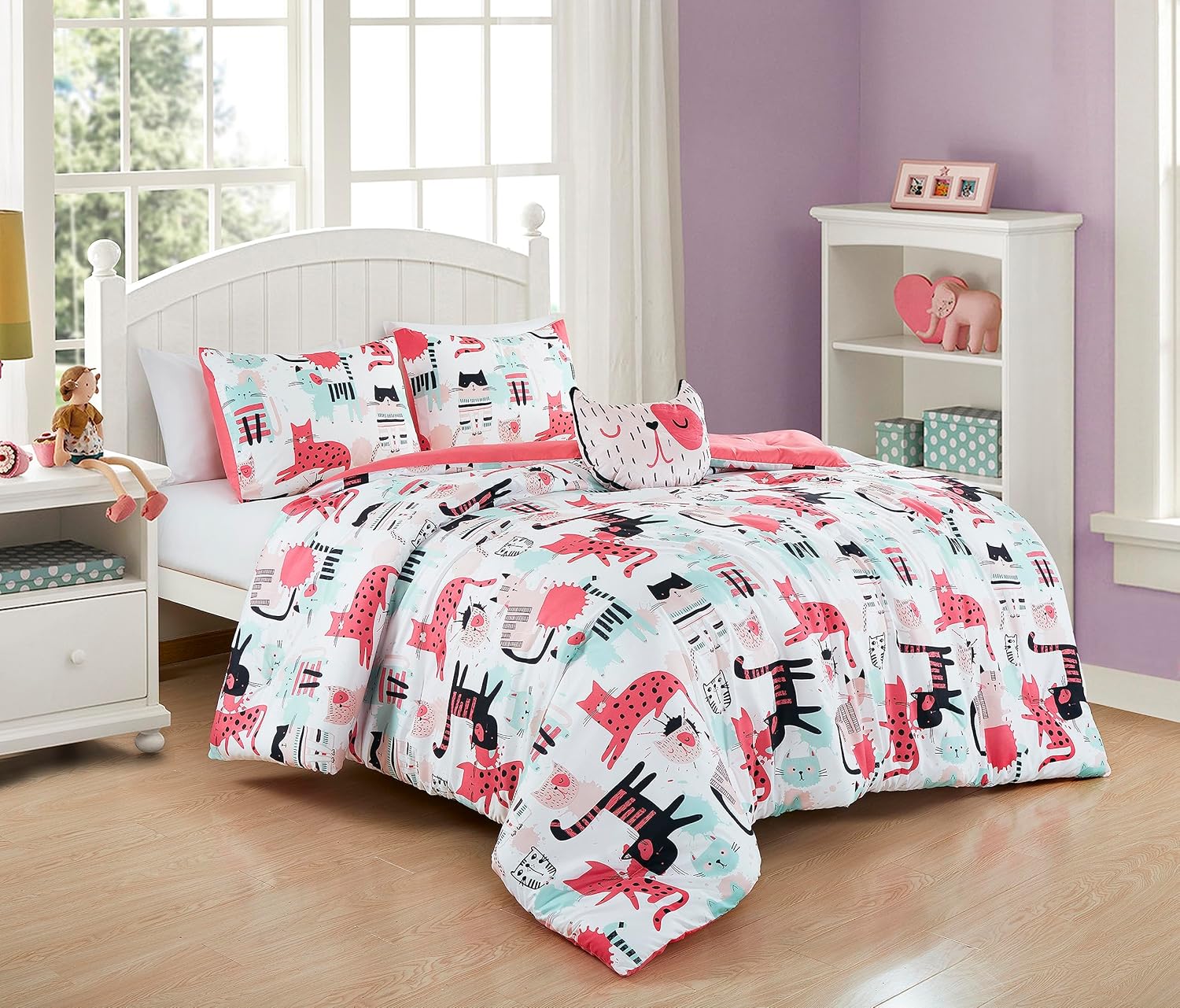 Chezmoi Collection Juego de ropa de cama de 3 piezas con diseño de gatos de dibujos animados, tamaño individual, juego de edredón de microfibra