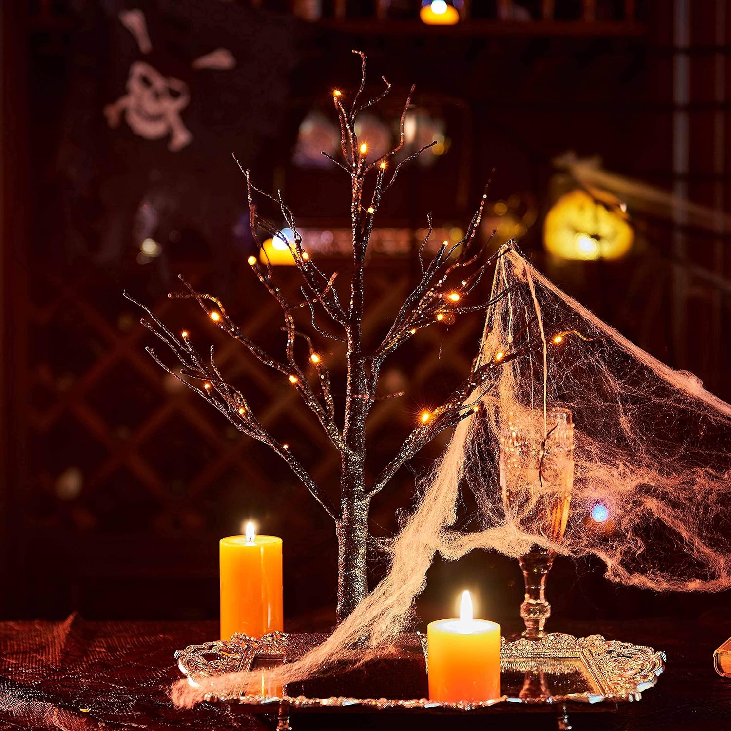 Hairui Árbol espeluznante de mesa iluminado con purpurina negra con luces naranjas, 24 LED de 18 pulgadas, para decoración de bruja de Halloween,