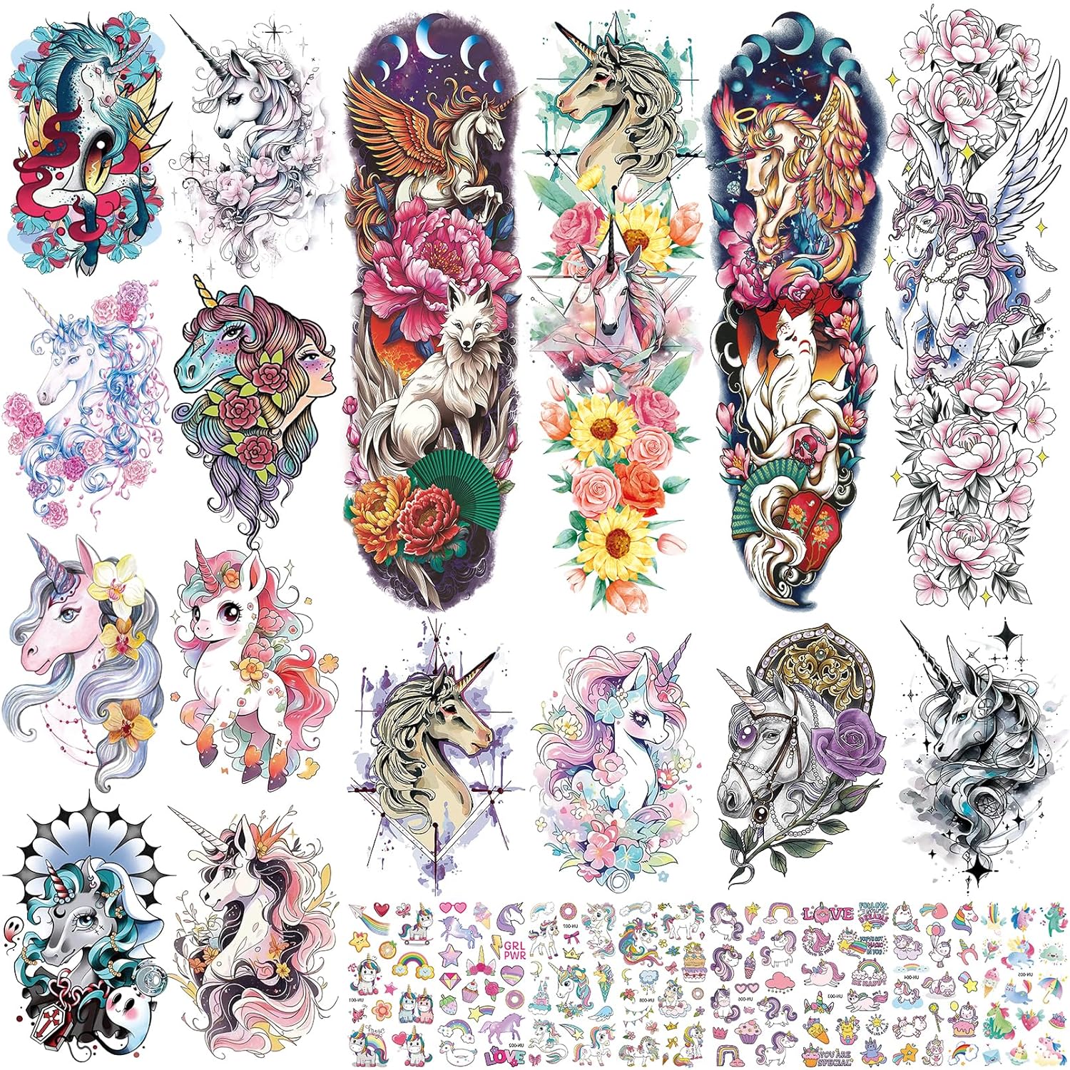 Aresvns Tatuaje temporal de unicornio 24 hojas, lindo tatuaje falso para mujeres y niñas, tatuaje de manga impermeable temporal para fiesta