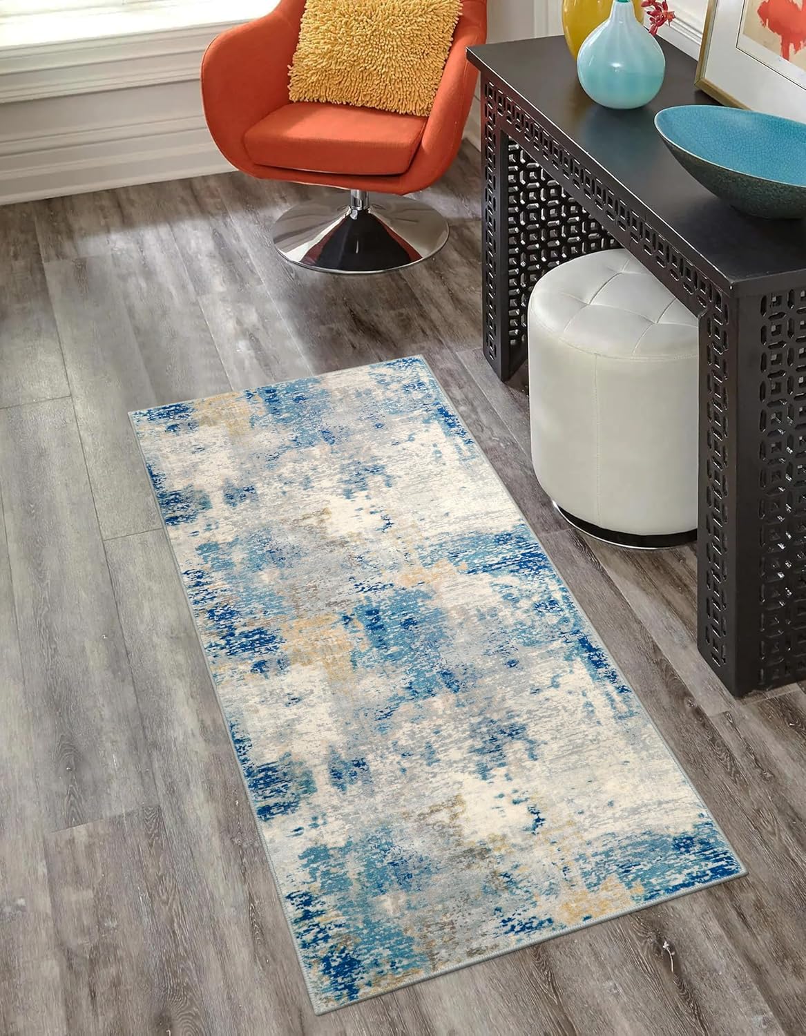 Alfombra de baño lavable azul moderna, alfombra antideslizante de 2 x 5 pies, tapete para cuarto de servicio, tapete envejecido, suave, esponjoso,