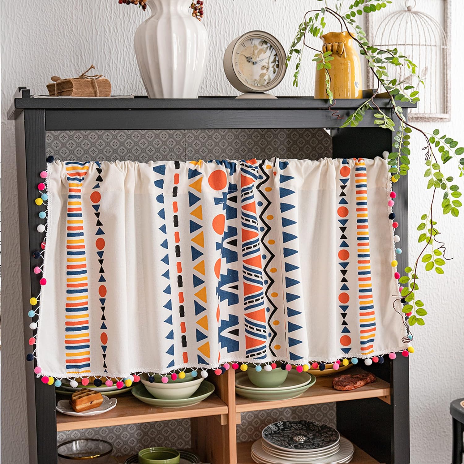 Cortinas de lino con borlas bohemias para ventana, semiopacas, panel geométrico bohemio para sala de estar, cocina, cafetería, comedor, cenefas