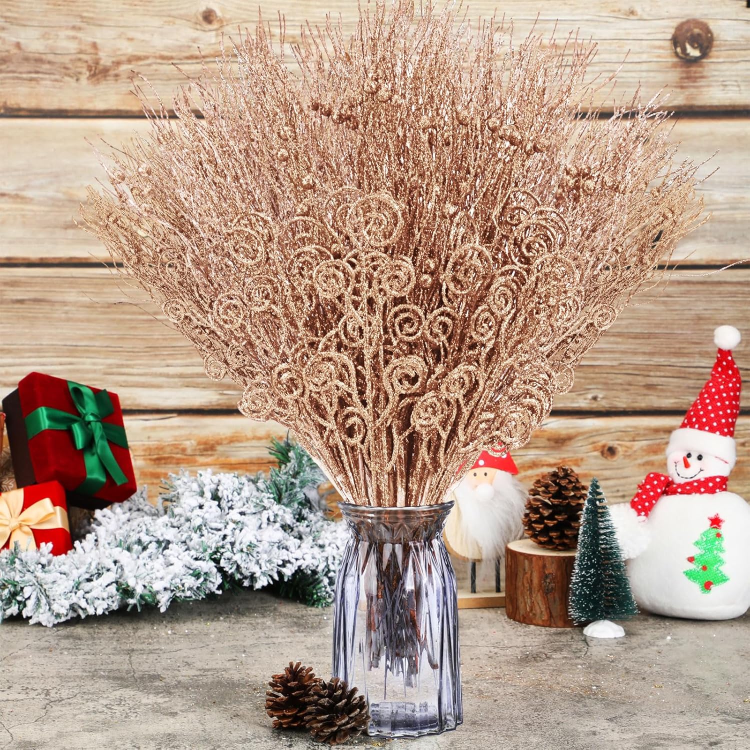 Tigeen 48 piezas de tallos de bayas rizadas con purpurina artificial de 17 pulgadas, 12 pulgadas, adornos falsos para dulces de Navidad, ramas