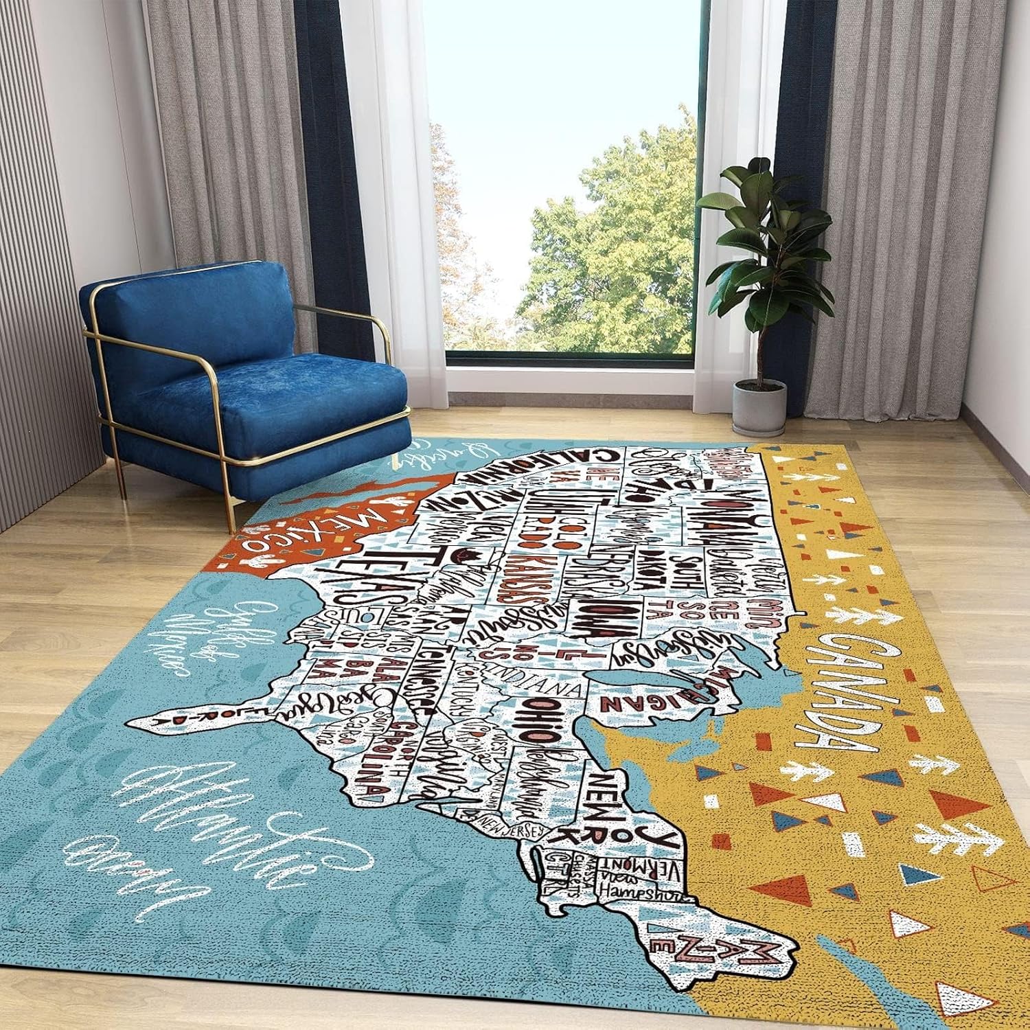 Alfombra para niños con mapa de Estados Unidos, fácil de limpiar, suave y antideslizante para niños, adolescentes, niñas, niños, dormitorio, sala de