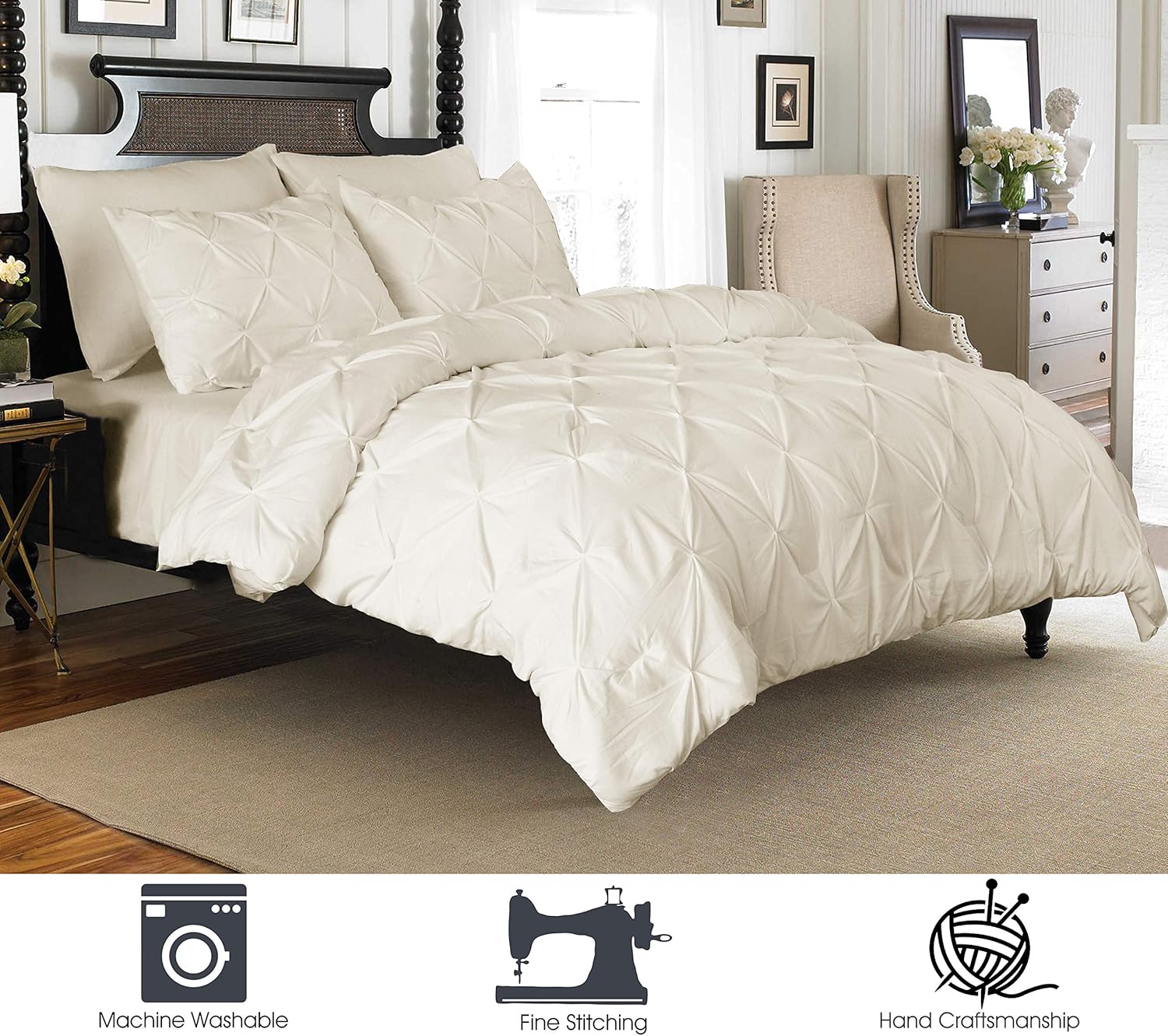 Elegant Comfort 3 Piece Pinch-Pleated Button Closure, Wrinkle-Resistant Ultra-Soft Microfiber Duvet Cover Set, Luxurious Pintuck Décor, FullQueen,