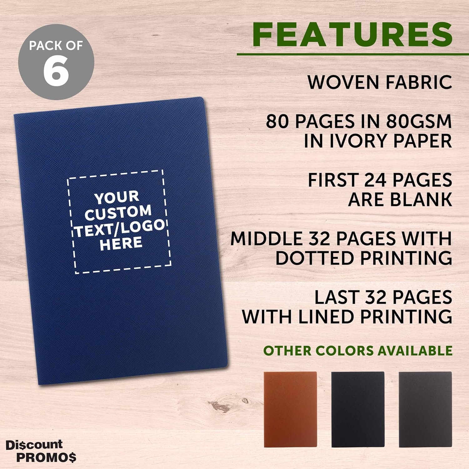 DISCOUNT PROMOS Charleston Soft Bound – Paquete de 6 diarios con texto personalizable, logotipo, papel marfil, punteados, líneas, con marcapáginas,